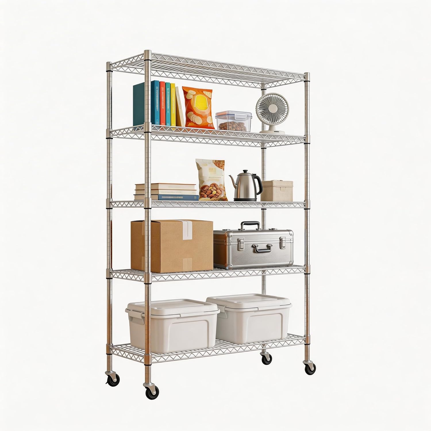 Heavy Duty 5 Tier Wire Shelving Unit Rolling Metal Storage Rack, Adjustable Carbon Steel Organizer with Locking Casters, Leveling Feet, 1650 lbs Capacity for Garage Kitchen Warehouse Office (Chrome)