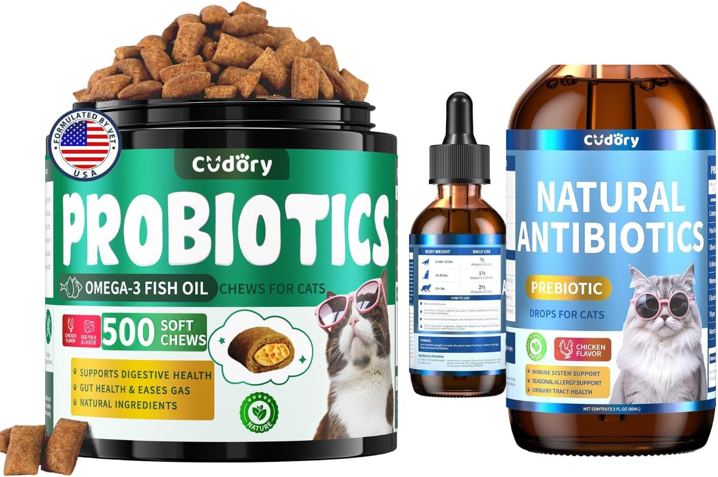 Digestive & Gut Support for Cats - Cat Probiotics Tasty Chews + Herbal Cat Antibiotics Supplement- Healthy Skin, Coat, Gut Support for Cats Supplements & Prebiotics