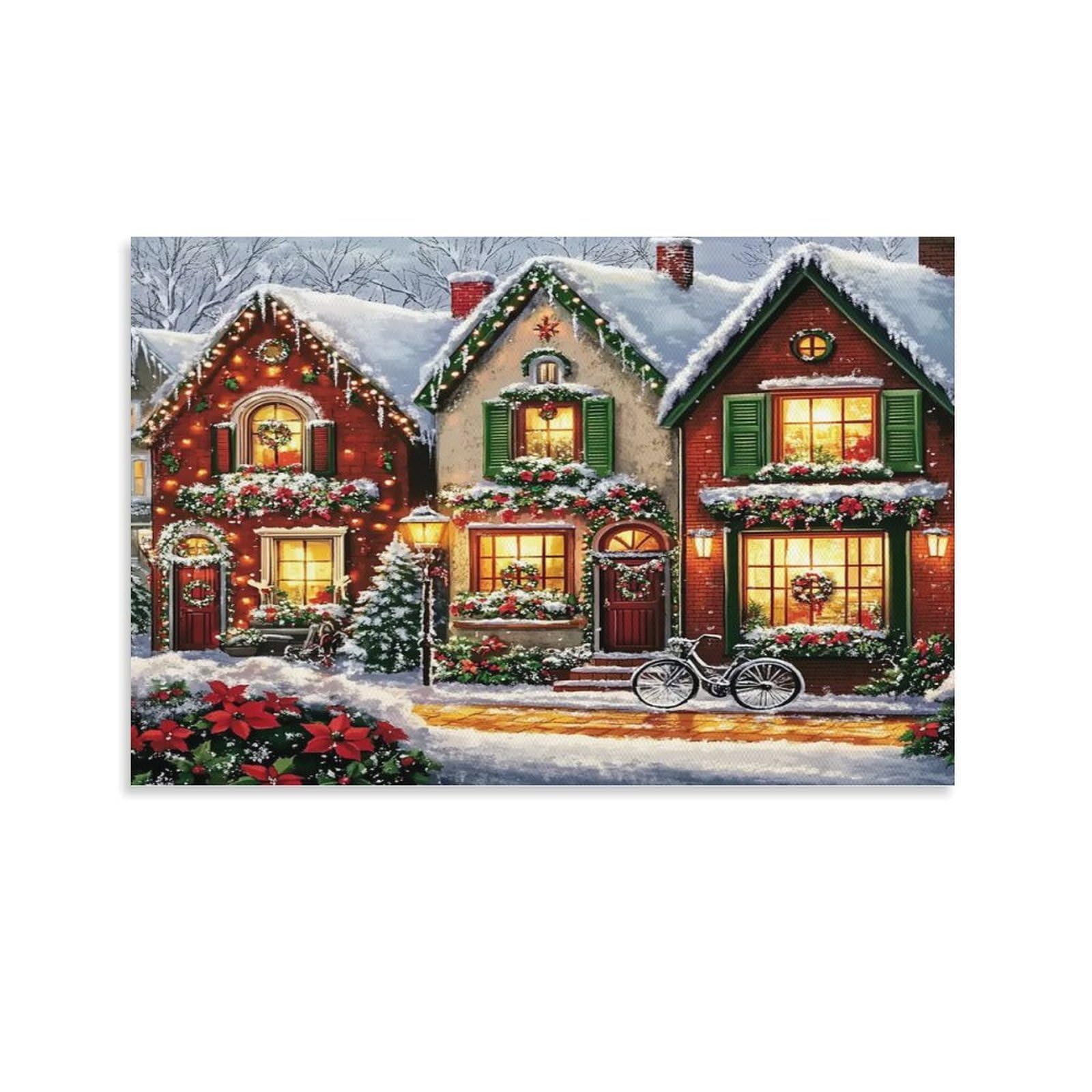 CPLVKWRQJ Snowy Christmas Village Houses Single Piece Cozy Trio Cottages Snowy Christmas Decor Canvas Wall Hanging - Kitchen Removable Wall Art Focal Point Ready to Hang 08x12inch(20x30cm)