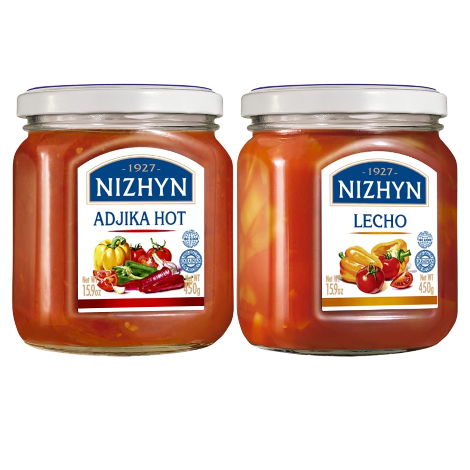 Nezhin Delicious Adjika Hot Flavored Spicy Sauce and Lecho in Pepper, No Preservatives, and Fresh Ingredients 450g Variety Pack 1 Each Flavor