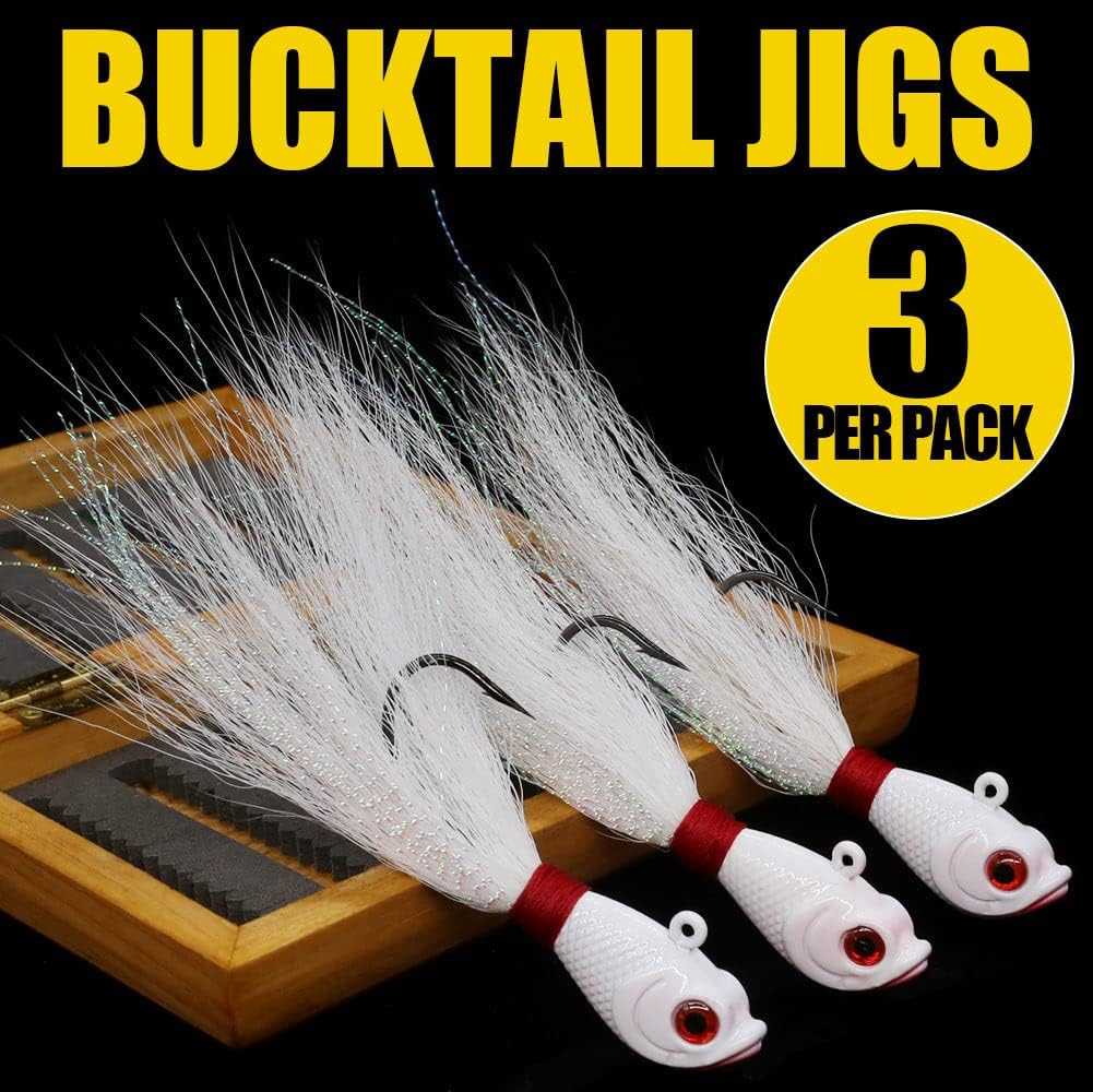 Bucktail-Jigs-Saltwater-Hair-Jigs-Head -Flukes-Fishing-Lures-Assorted Kit for Striped Bass Walleye Snook Rockfish Redfish 1/4oz 1/2 oz 1oz 2 oz : Sports & Outdoors