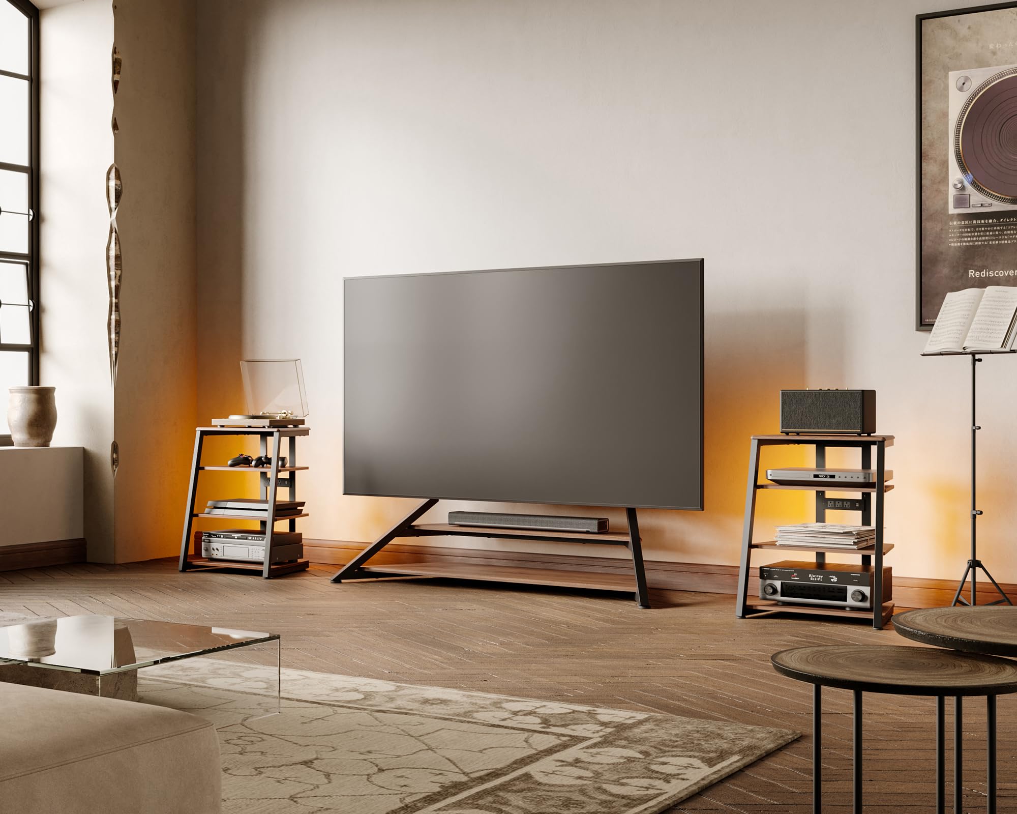 FITUEYES Meuble HiFi en Bois et Acier avec Bande LED 61 x 52 x 78 cm Marron Série Eiffel