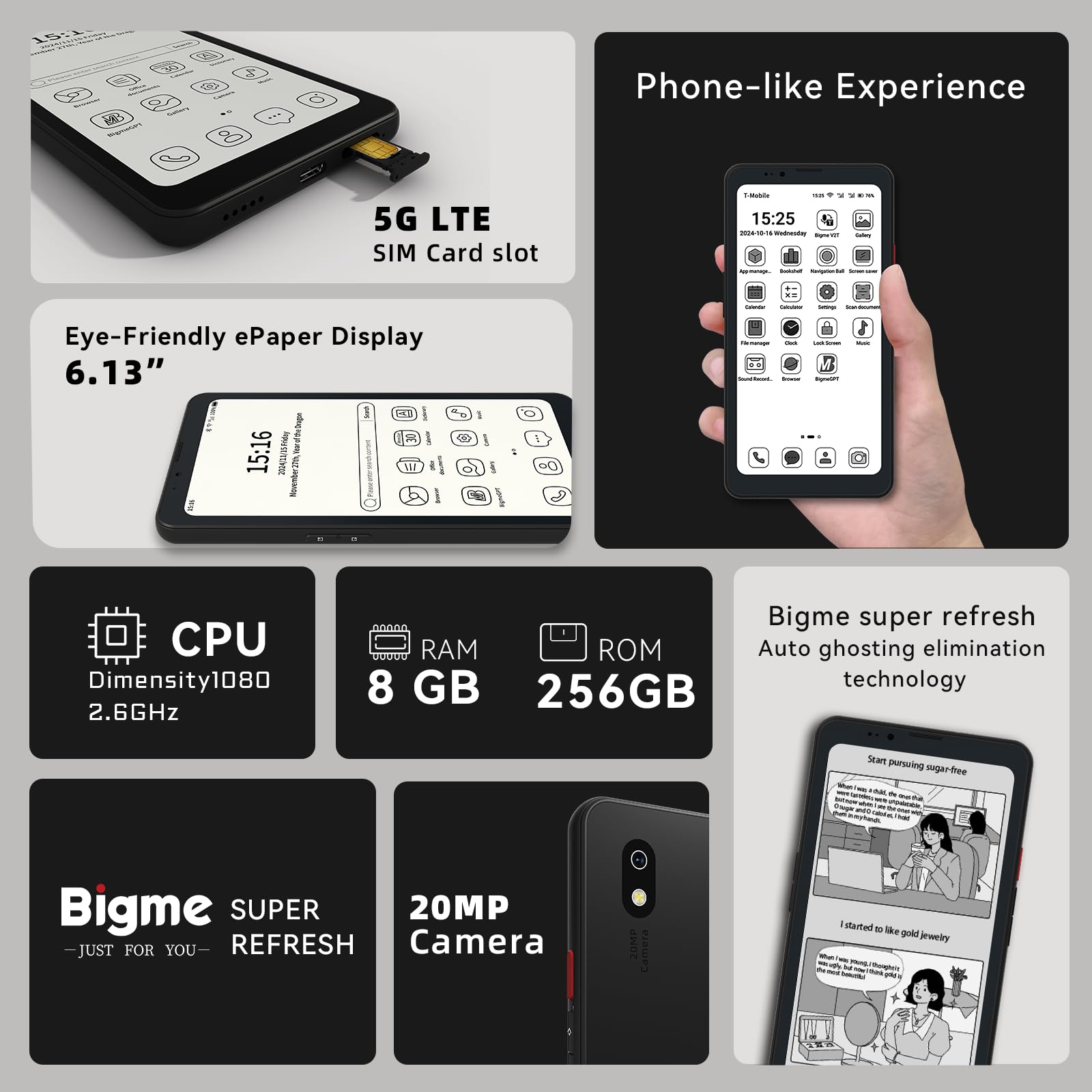 Bigme HiBreak Pro 6,13" Epaper Telefon Komórkowy 8+256 GB Android 14 OS Smartfon, 5G Dual SIM, GPS, Czarny