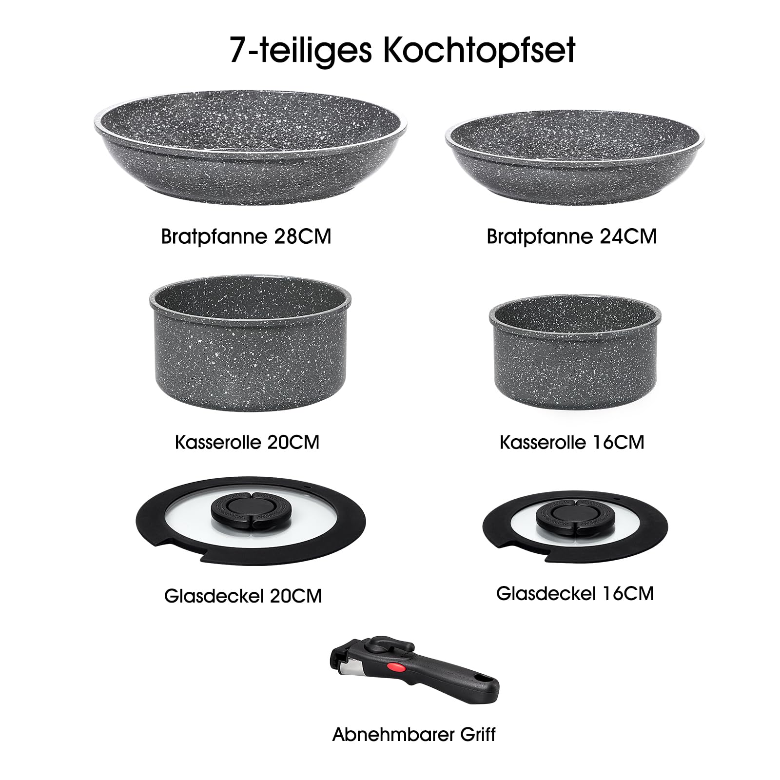 ROSSETTO 7-teilige Topfset Induktion mit abnehmbarem Griff und keramische Antihaftbeschichtung, stapelbar forged Aluminium Kochtopf Set mit Glasdeckel, Bratpfanne, Kasserolle