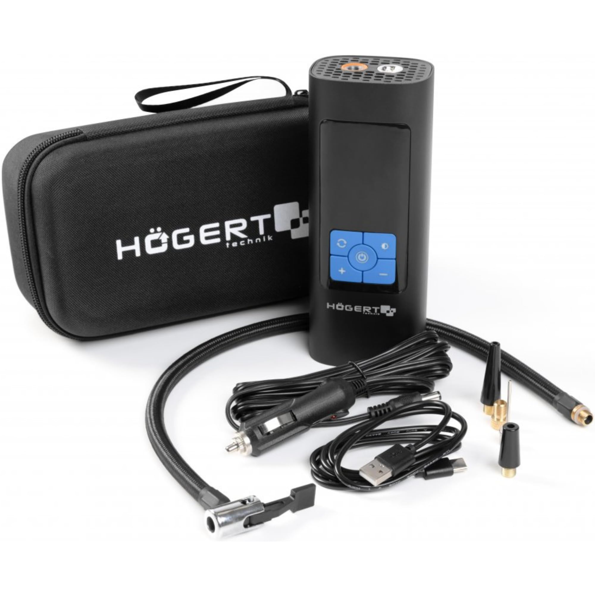 HÖGERT TECHNIK Przenośna akumulatorowa elektryczna pompka powietrza 145 PSI 3 w 1, mini kompresor z powerbankiem i światłem LED, mobilna sprężarka powietrza, pompka rowerowa, materac samochodowy