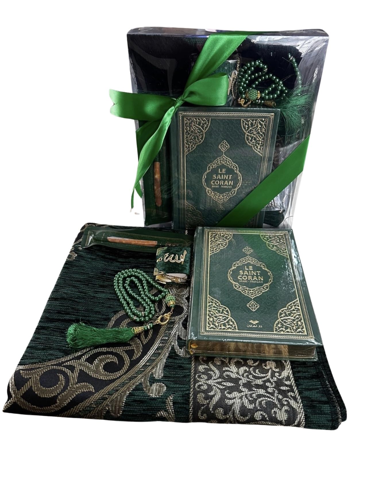 Coffret Cadeau Musulman-(Tapis de prière, tesbih, Coran)- Tapis prière muuslman- Islam-Ramadan,Aïd Hajj, Umrah, Mariage, Naissance, Mevlid Muslim Blanc (Vert (Arabe et français))