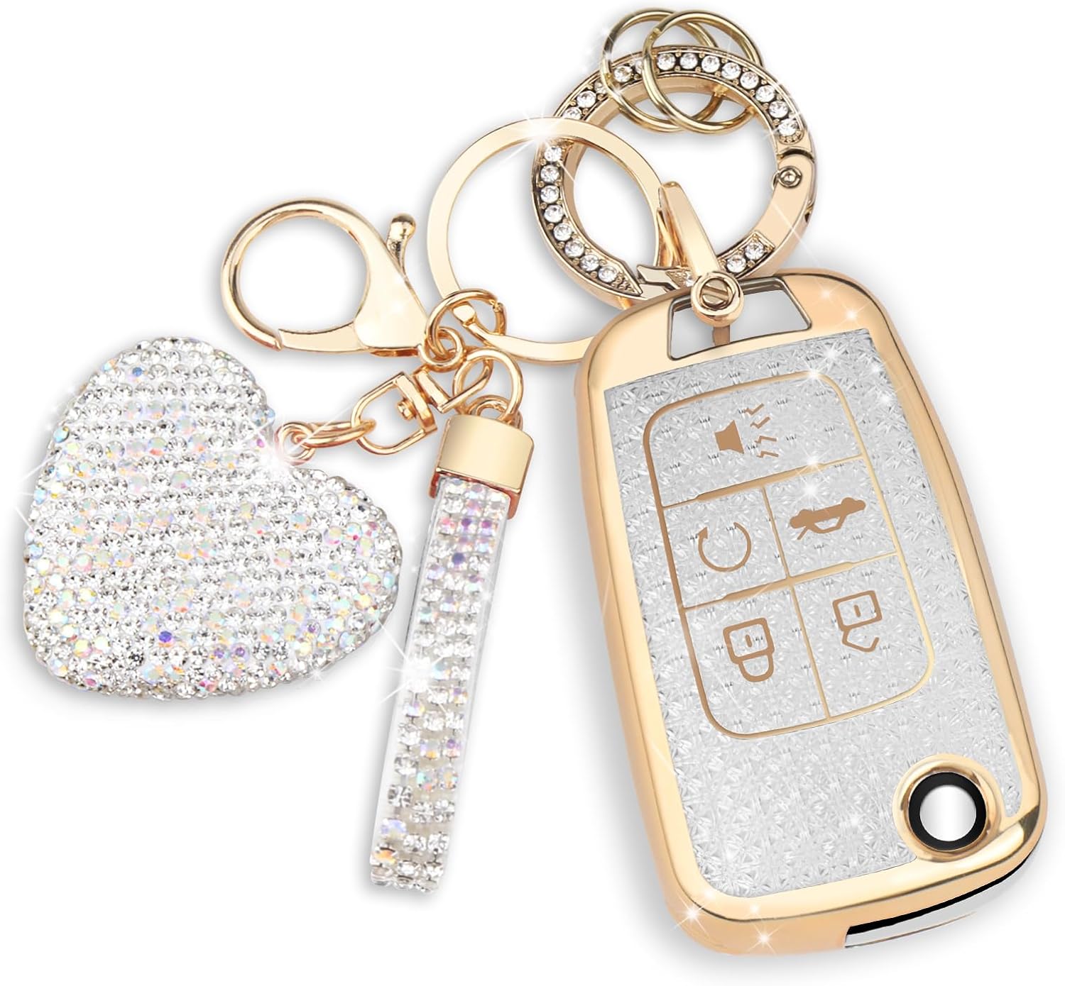 QBUC for Chevy Key Fob Cover with Diamond Keychain, for Chevrolet Equinox Malibu Camaro Cruze Impala GMC, for Buick LaCrosse Regal Allure Key Protector for Women, 5 Button (G-PINK)