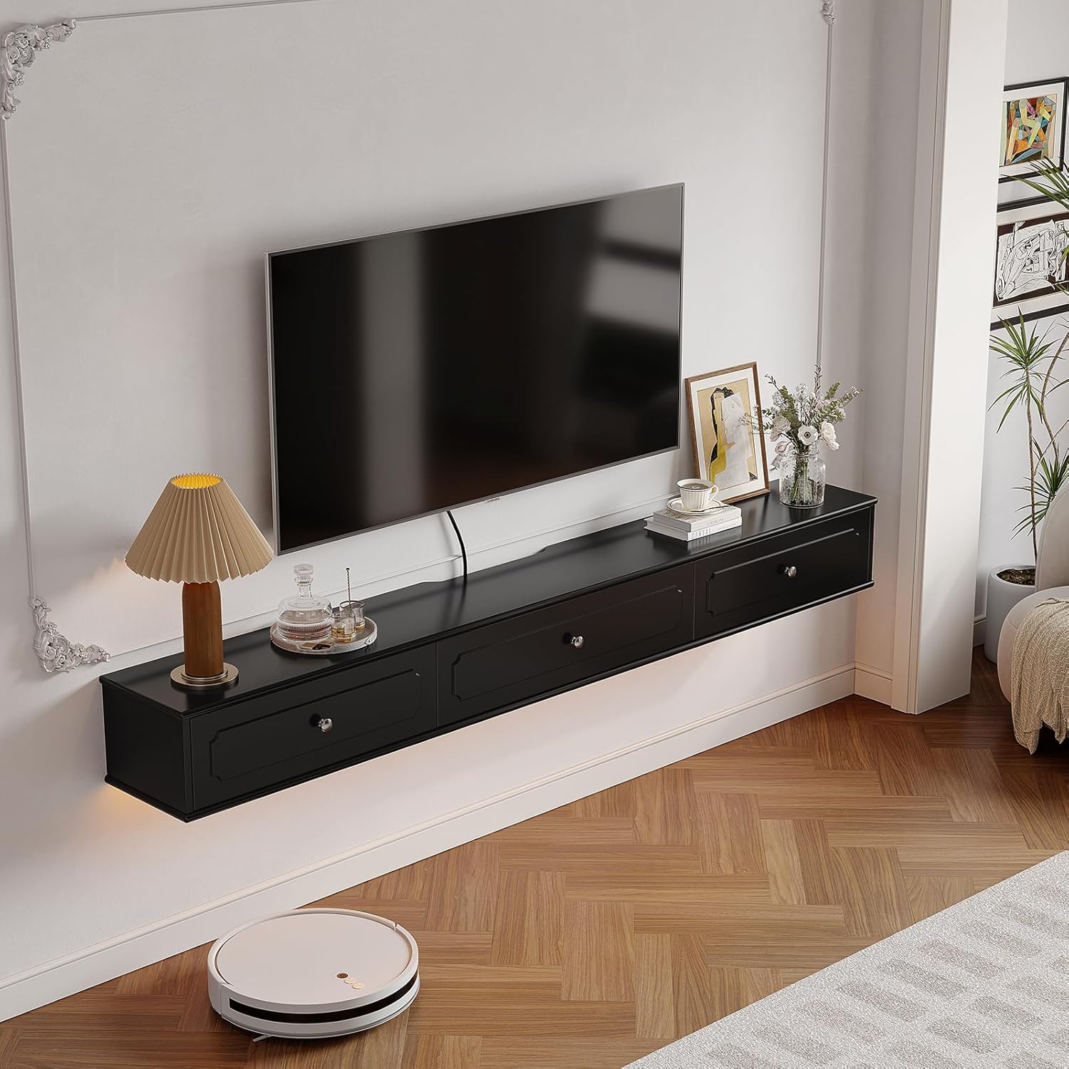 FurniNova 70 inch Floating TV Stand, Matte Black Wall Mounted Entertainment Center with Decorative Molding, Plywood Media Console with 3 Storage Cabinets, Includes Drywall Toggle Bolts & Wire Holes