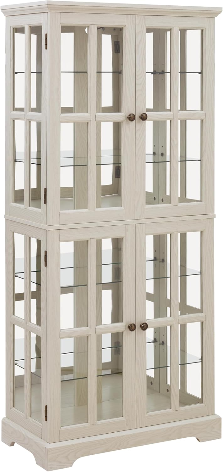 Antique Glass High Display Cabinet with 4 Grid Doors, Adjustable Shelves, Elegant Metal Handles, and Built-in Lighting - Perfect Vintage Showcase for Collectibles, Books, and Wine Bottles (White)