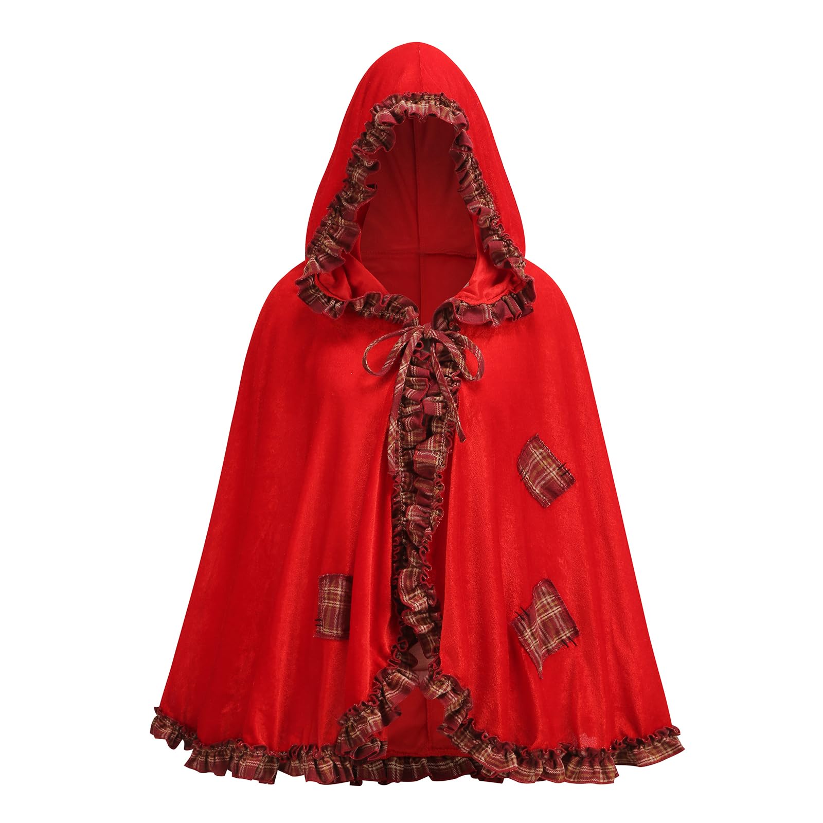 maxToonrain Red Riding Hood Cape Hooded Red Cape Cloak Adult Velvet Little Riding Hood Costumes Fairytale Character Halloween World Book Day Outfit for Women (Plaid Ruffled Trim,65cm)