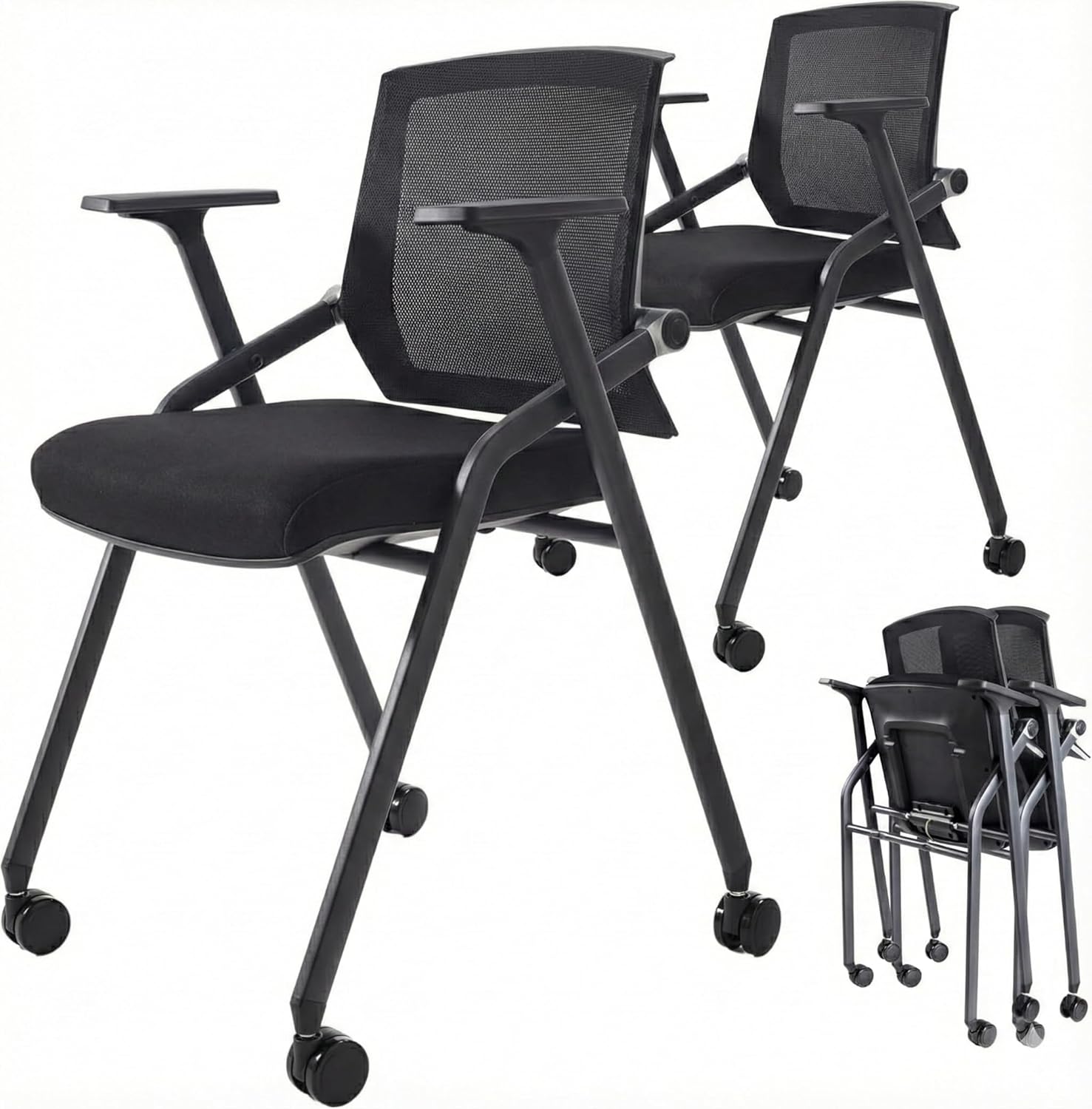 10 Pack Stackable Conference Room Chairs with Paddle Folding Office Chair Foldable Desk Chair Mesh Back and Arms for Conference Meeting Guest Reception Home Office Training Room Chair Black