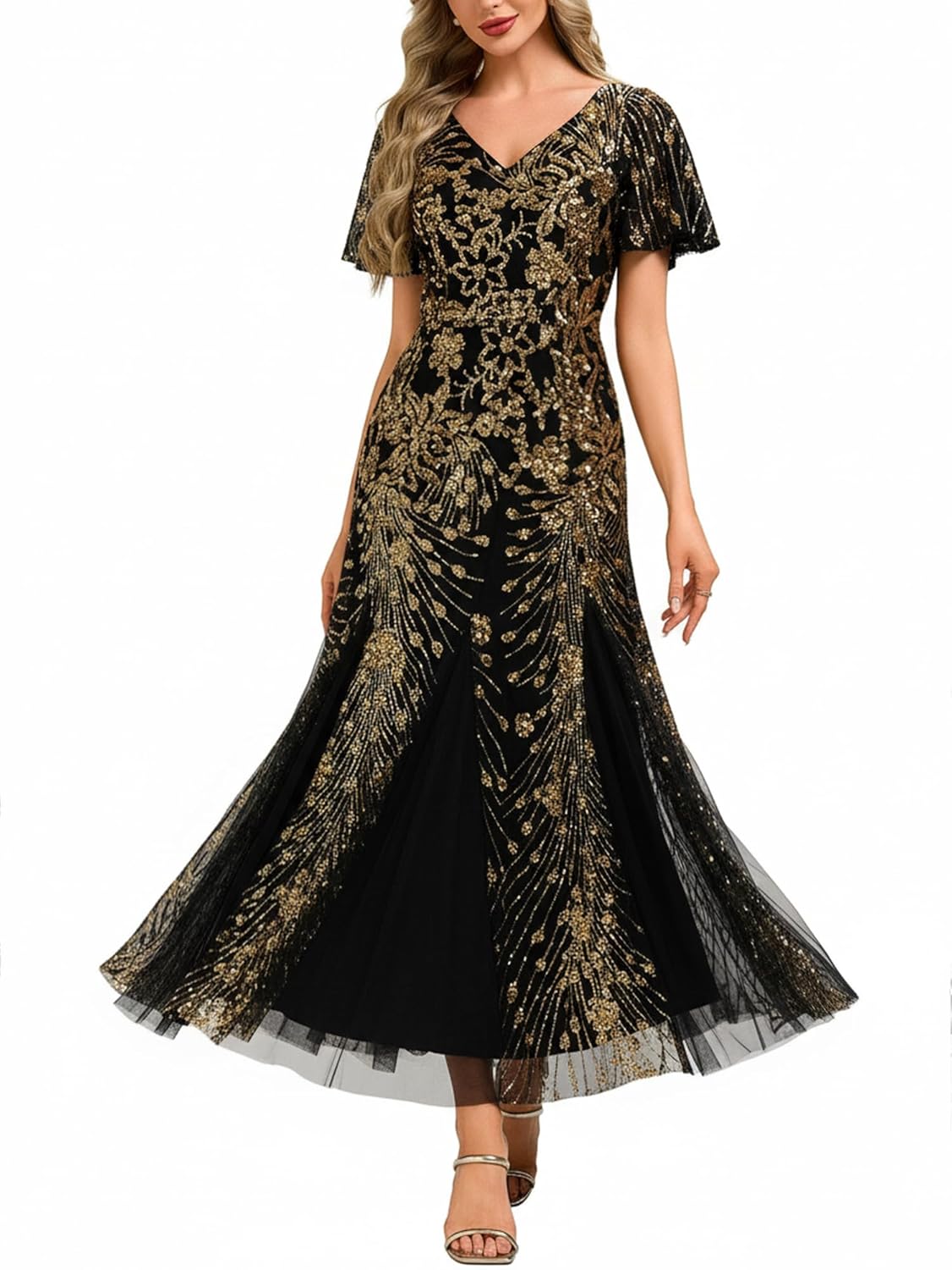 Ever-Pretty Women's Elegant Sequin Formal Evening Dress Mermaid V-Neck Short Sleeves Mother of Bride Dresses 02547