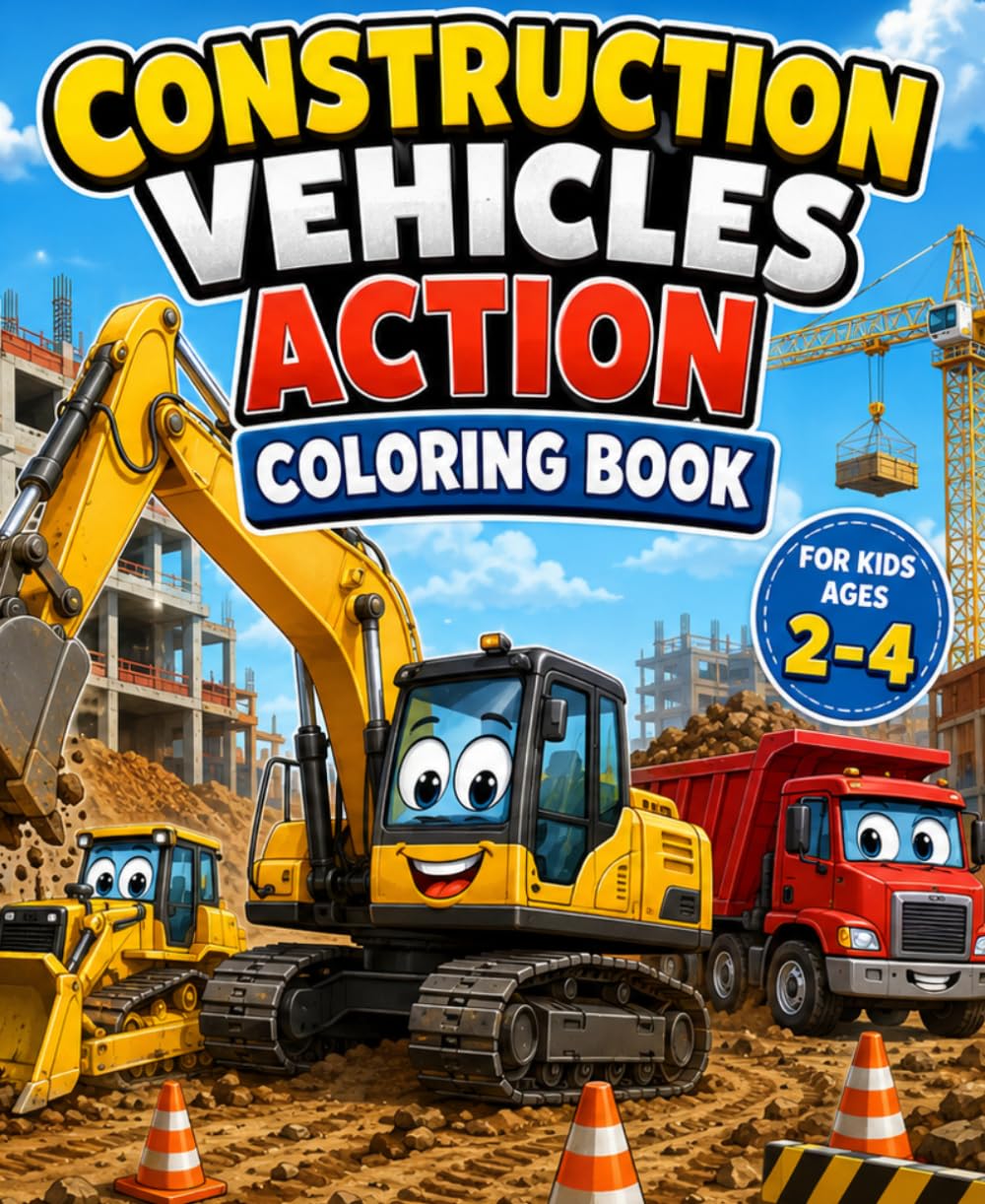 Construction Vehicles Coloring Book for Kids Ages 2-4: Fun and Simple Excavator, Bulldozer, Dump Truck, Cement Mixer and Crane Coloring Pages for Toddlers