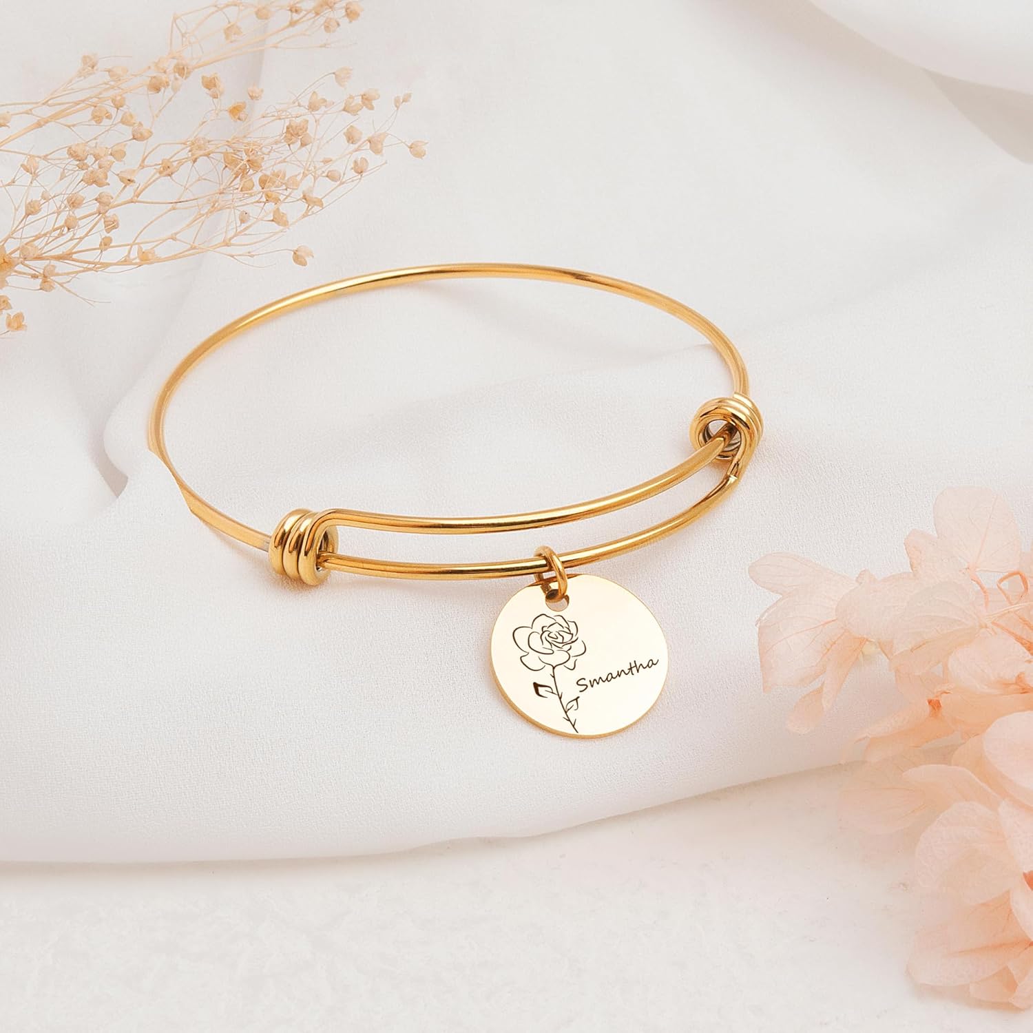 Anavia 1/2/3/4 Disc Birthmonth Flower Bangle Bracelet, Personalized Name Engraved Coin Disc Birthstone Expandable Charm Bracelet, Customized Floral Birthday Gift Love Jewelry for Her Mom Mother