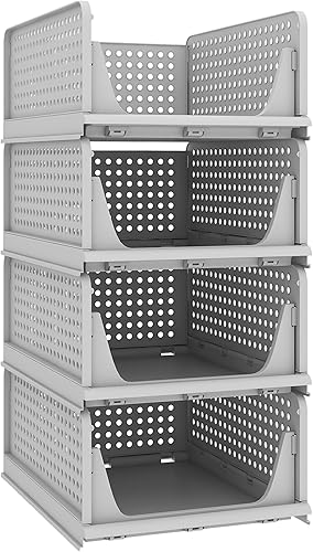 Miniatura 13 de Pinkpum Paquete de 8 organizadores de armario y almacenamiento apilables de plástico, contenedores de almacenamiento plegables para armario, cocina,