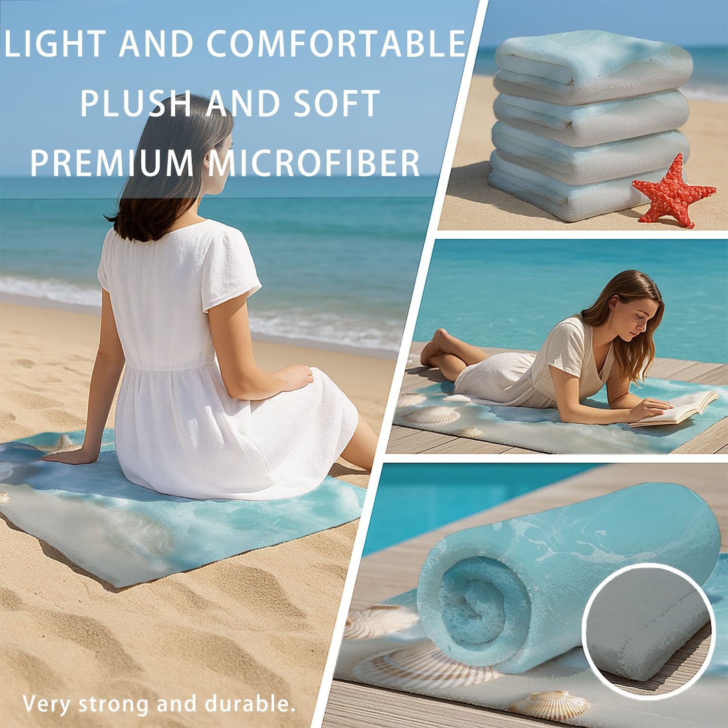 Küste, Erfrischend, Realistisch, Beruhigend Strandtuch 230 x 210 cm - Strandtuch trandtuch Leichtdünn Weich Strandtuch Muscheln, Seesterne, Meeresoberfläche,für Strand, Pool, Yoga, Picknick