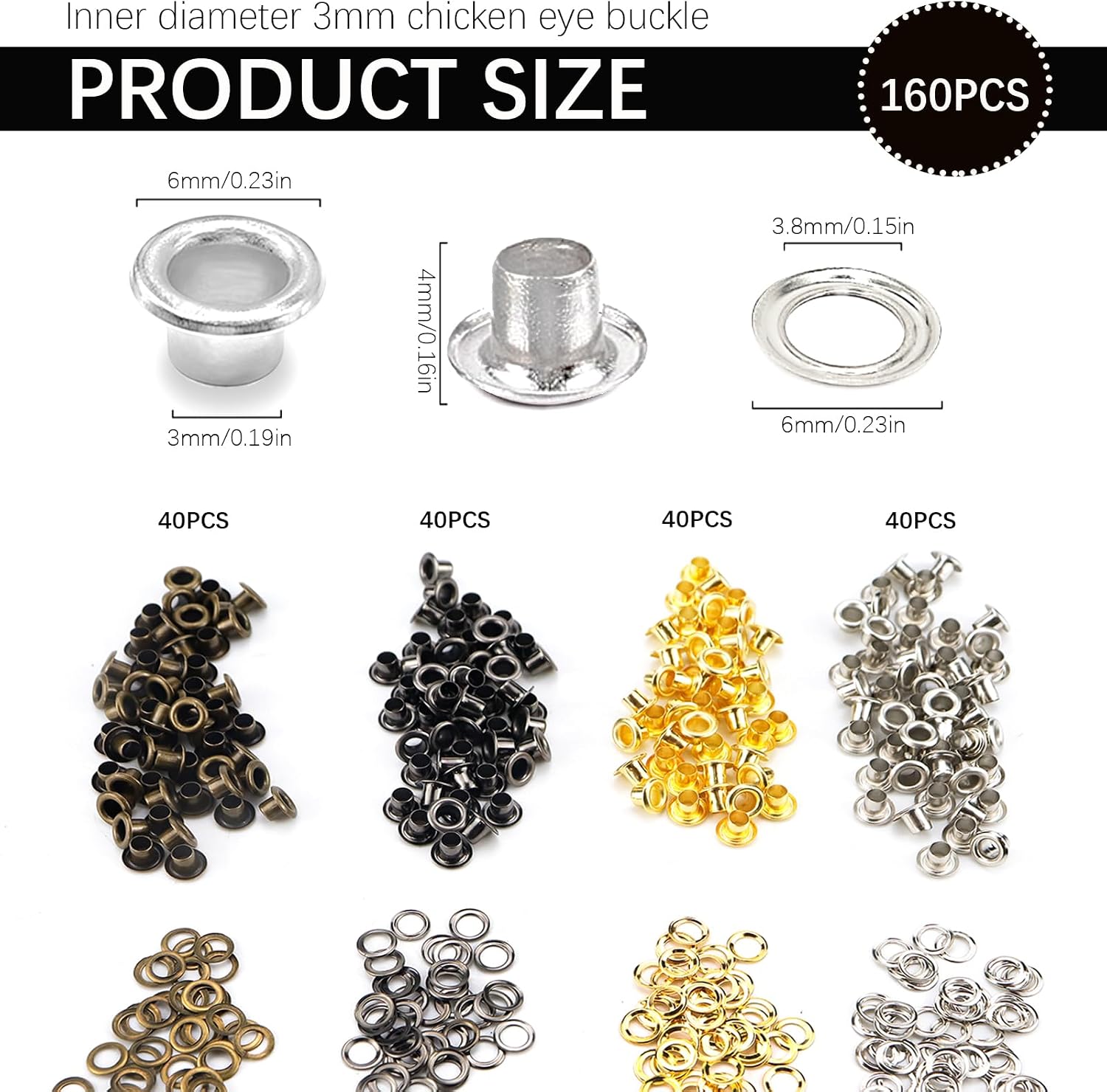 160 Sets of 3mm Metal Eyelets Round Small Grommets in 4 Colors with Washers for Paper Crafts, Fabric Projects, and Leather Belts