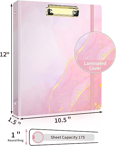 Miniatura 9 de SUNEE - Carpeta de 3 anillos de 1 pulgada bonita carpeta con 2 bolsillos carpeta decorativa de tres anillos rosa dorada sobre diseño azul resistente