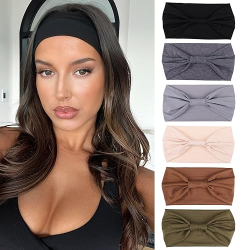 Miniatura 11 de XTREND 4 paquetes de diademas anchas de moda estilo bohemio elásticas anudadas antideslizantes negras para mujer para deportes al aire libre yoga