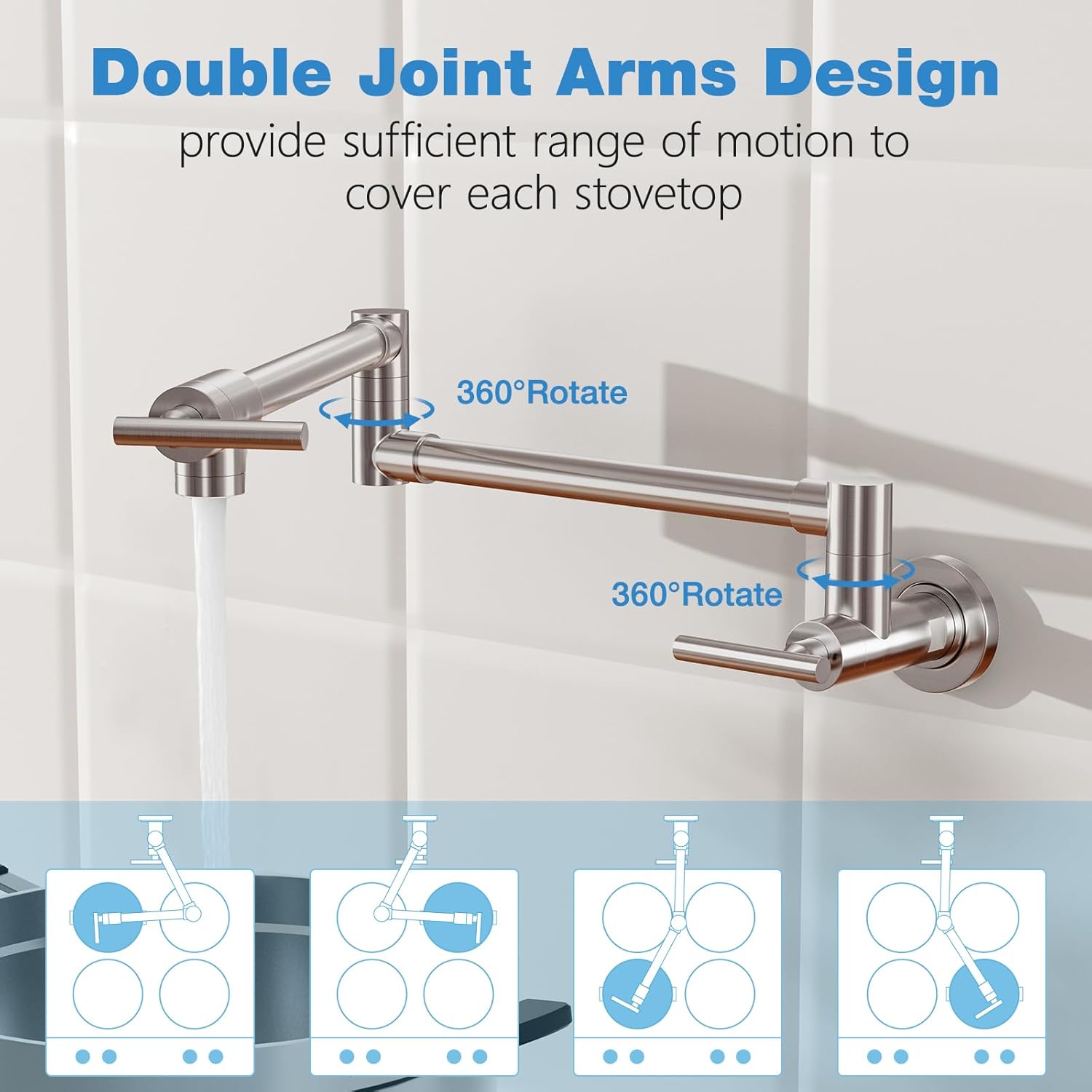 FLG Pot Filler Faucet Brushed Nickel,Stainless Steel Wall Mount Kitchen Folding Stove Faucet with Double Joint Swing Arms