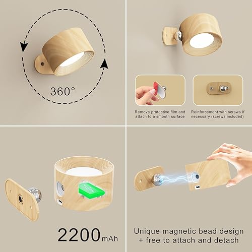 Miniatura 4 de Paquete de 2 apliques de pared a pilas, 3 modos de color, 3 niveles de brillo, rotación de 360, control táctil, lámpara de pared LED para