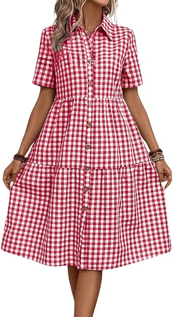 chouyatou Womens Plaid Short Sleeve Button Down Shirt Dress Retro Gingham Button Up Tunic Midi Long Dress