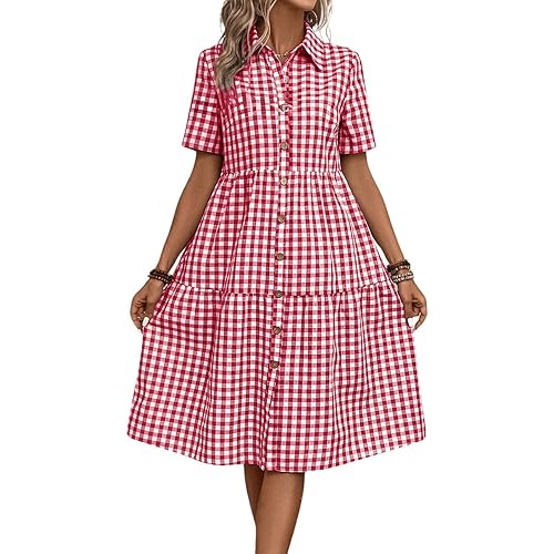 chouyatou Women's Plaid Short Sleeve Button Down Shirt Dress Retro Gingham Button Up Tunic Midi Long Dress