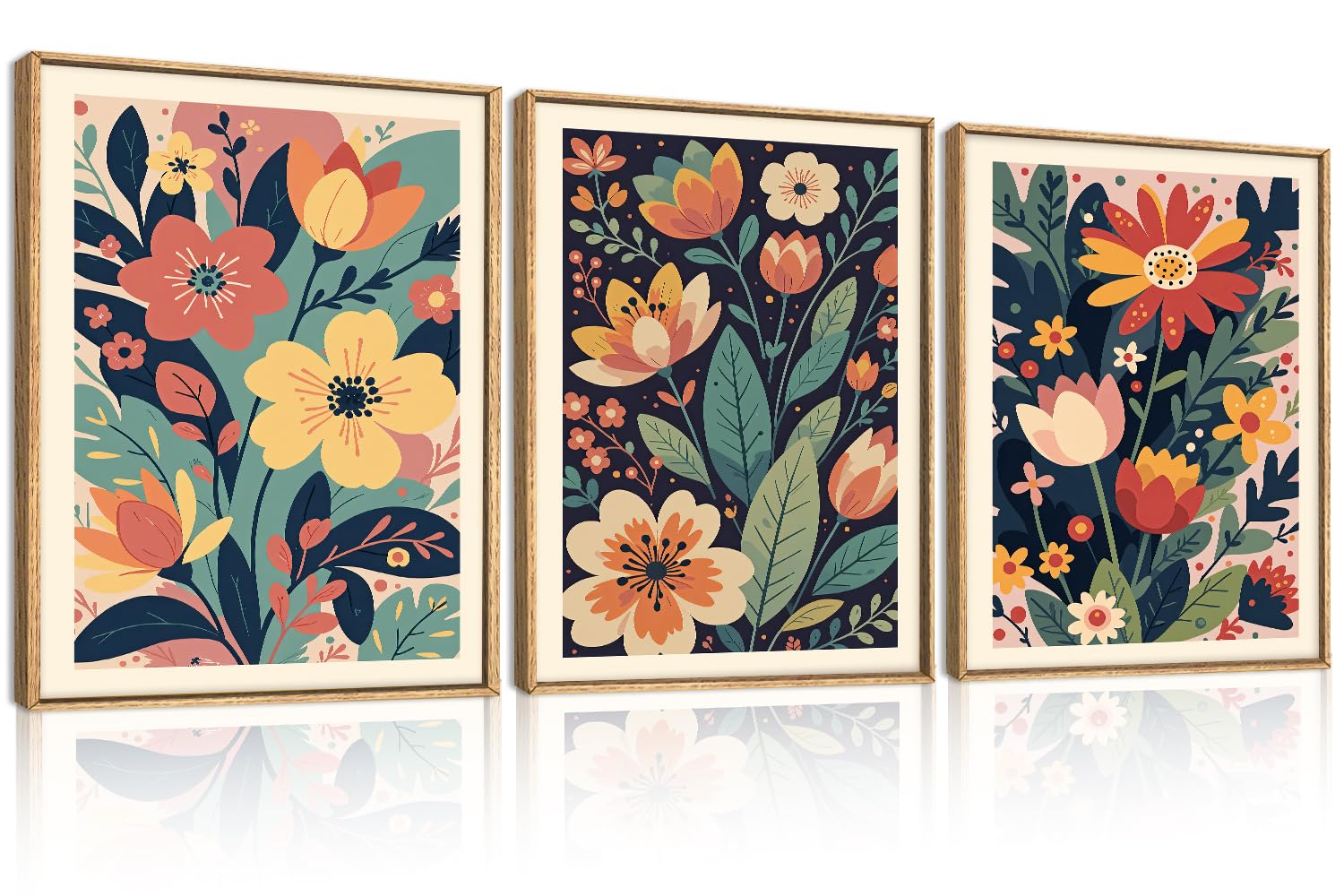 KAIRNE Vintage Colorful Floral Framed Canvas Wall Art Set,Mid Century Modern Flower Wall Decor,Retro Wildflower Art Prints,Boho Botanical Artwork for Living Room,Bedroom,Farmhouse,Office-12 x16 x3