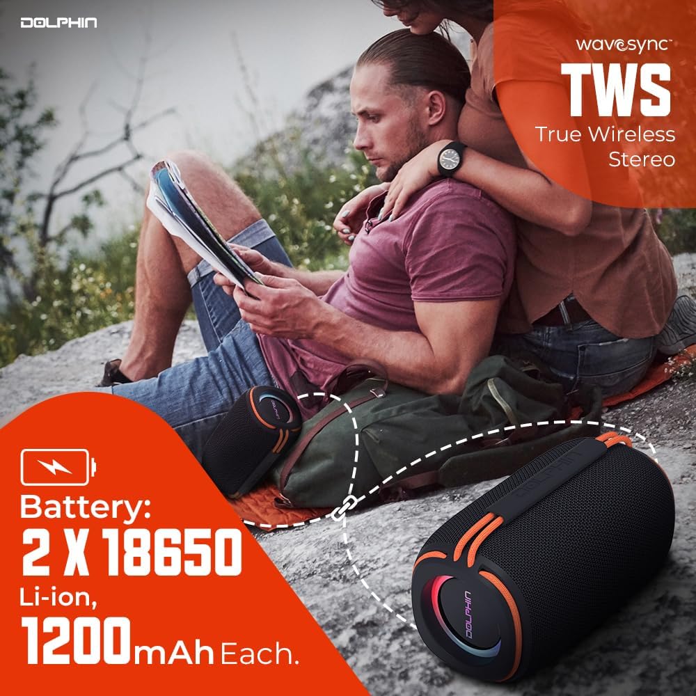 Two Dolphin DR30 Diver Sport speakers paired together for True Wireless Stereo (TWS) playback, with battery information indicating 2 x 18650 Li-ion, 1200mAh each.