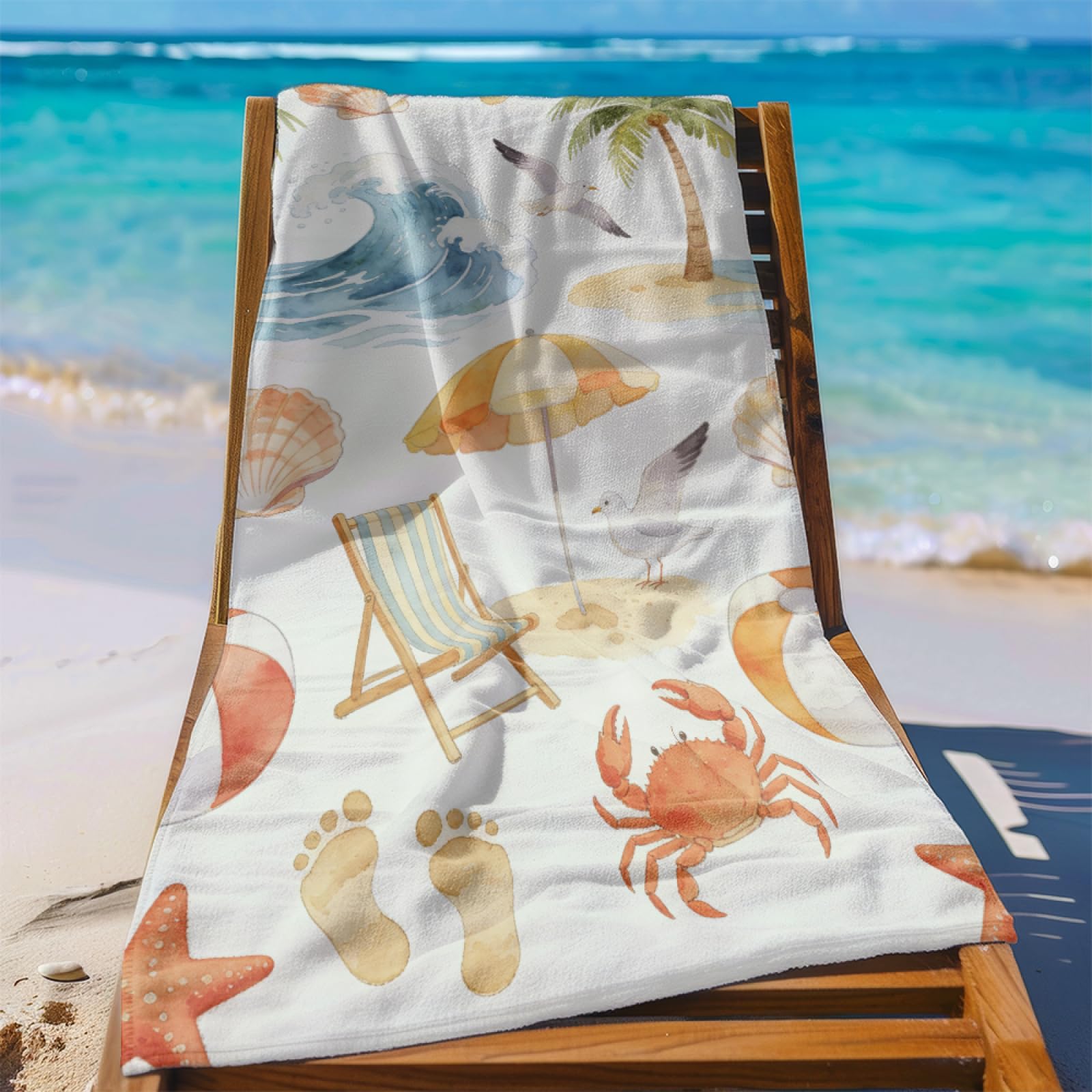 Microfibre Beach Towel 180x90cm Crab Seagull Extra Large Beach Towels Sandproof Quick Dry Foldable Storage for Travel Beach Pool Camping Bathing