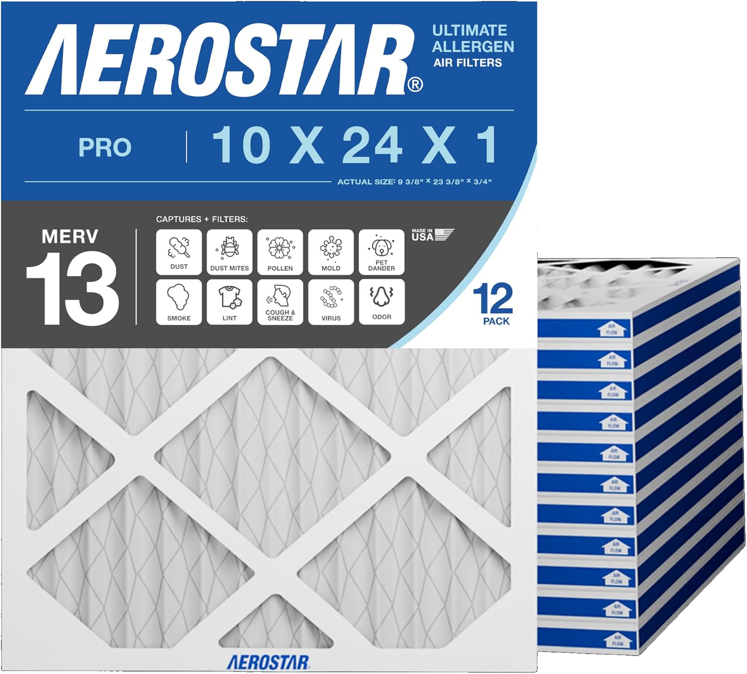 Aerostar 10x24x1 MERV 13 Pleated Air Filter, Allergen and Bacteria Defense (12 Pack), Actual Size: 9.38x23.38x0.75