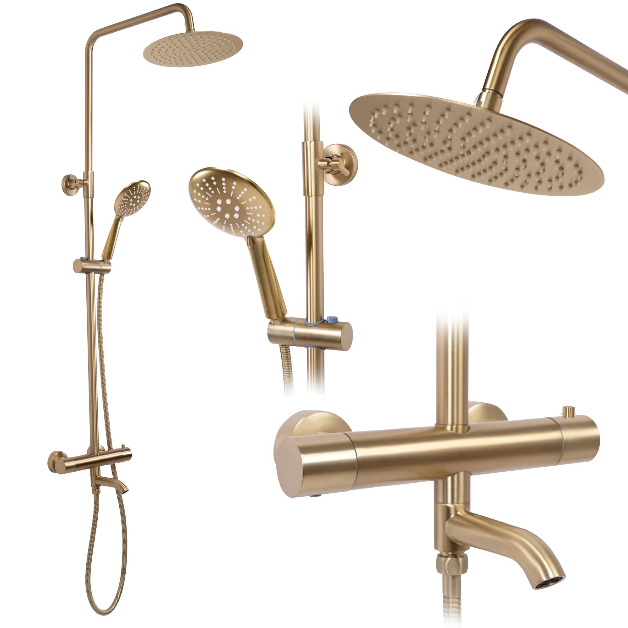 Rea - Colonna Doccia Con Termostato Lungo Gold Brush Sistema Doccia In Ottone Per Bagno (Oro) 45x26,5x117cm
