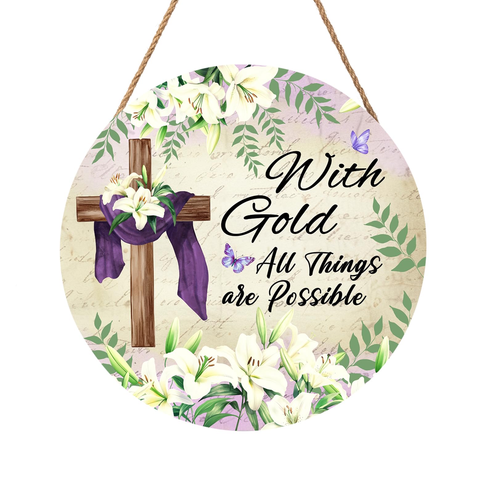 With Gold All Things are Possible Easter Front Door Sign Religious Cross Lily Flowers Wood Door Hanger Outdoor Outside Porch Decor Christian Lily Flowers Wooden Wreath Wall Hanging Decoration 12"x12"