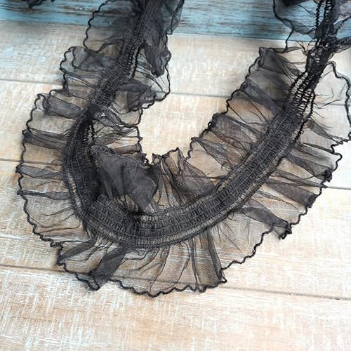 Karmelling 1 Yard Black Mesh Stretch Wrinkle Lace Fabric Needlework Elastic Ruffle Trim Pets Dolls Clothes Sewing Guipure Décor,10Cm #TOP1