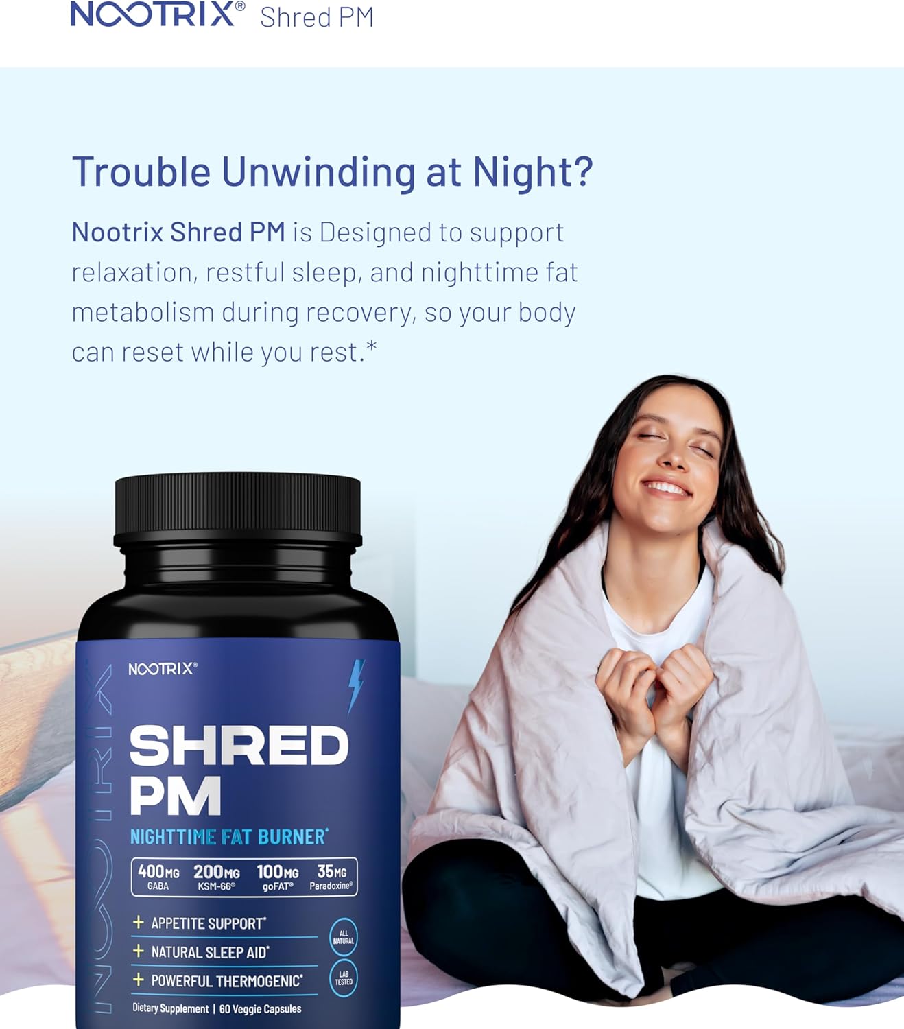 Nootrix Shred PM 2 Pack | Nighttime Metabolism & Sleep Support | Ashwagandha, 5-HTP, CLA, Melatonin | 120 Veggie Capsules