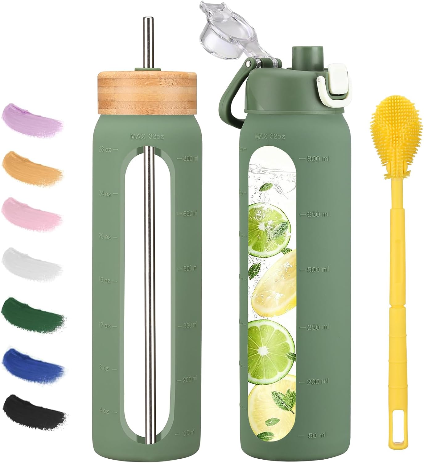 32 oz glass water bottle – 1 Litter Motivational Tumbler With Time Marker – Borosilicate Glass Water Bottles With Silicone Sleeve and 2 Lids – Handle Spout Lid & Bamboo Straw Lid