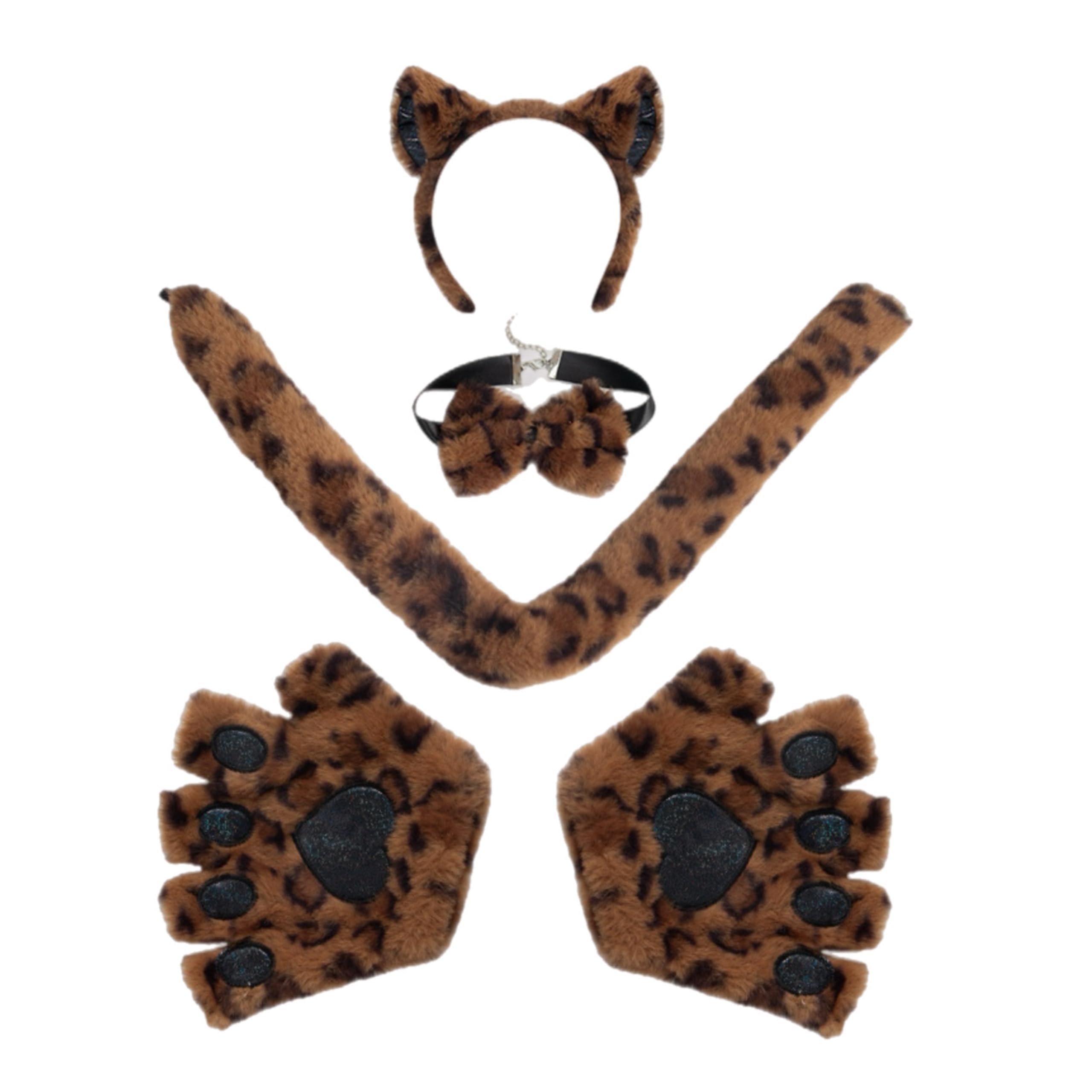 eBoutik Halloween Anime Cat Costume Set  Fluffy Ears Headband, Bowtie, Tail & Paw Gloves  Cute Wolf Animal Cosplay for Fancy Dress & Trick-or-Treat Parties (Leopard)