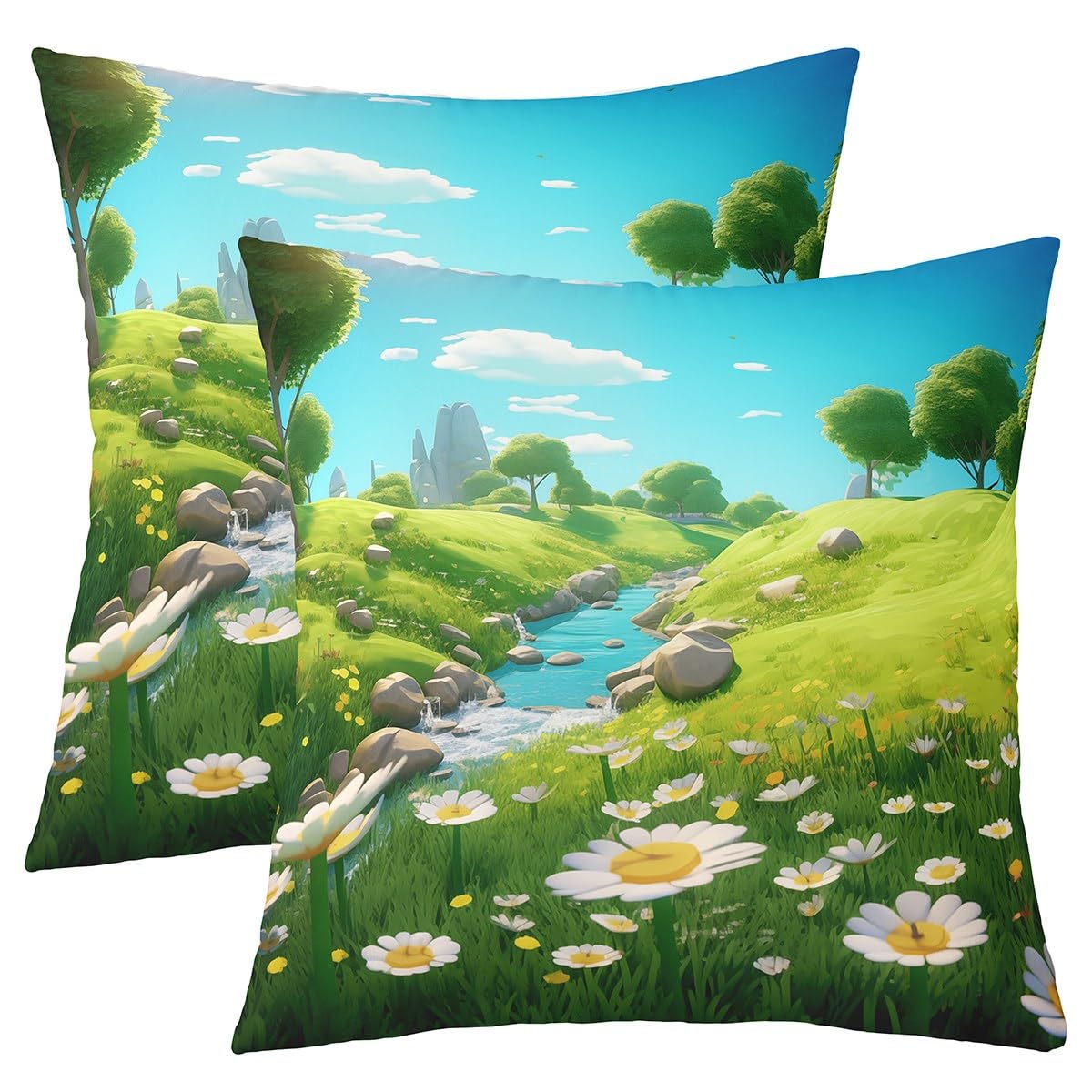 Erosebridal22X22 Set of 2 Daisy Pillow Covers Spring Grassland Hill River Throw Pillow Covers Blue Sky and White Cloud Decorative Pillow Covers Fantastic Realistic Cushion Covers,Green Blue