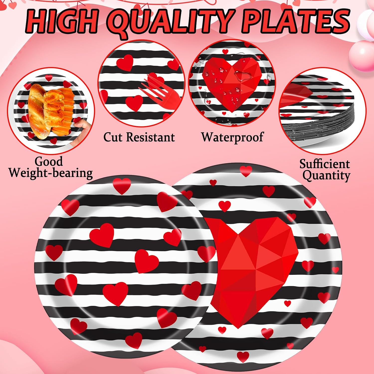 Wiooffen 96 Pcs Valentine's Day Party Plates Napkins Tableware Set Valentines Red Love Heart Stripe Supplies Disposable Dinnerware Valentine's Day Decoration Favors for Wedding 24 Guests