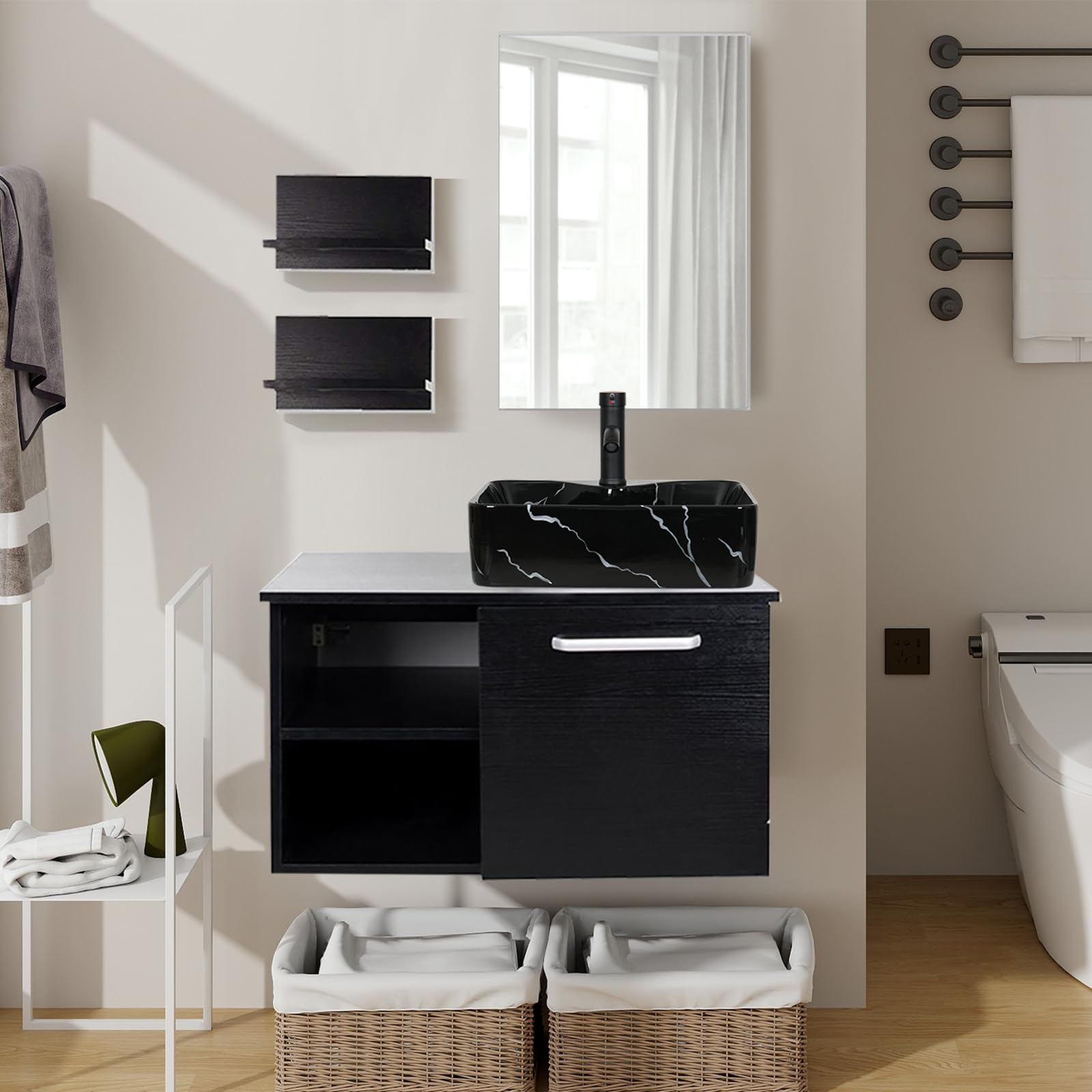 YU YUSING Lavabo Sobre Encimera con Grifo, Lavabo Baño de Cerámica 48x38x13.5 cm, Lavabos de Lujo para Baño, Cocina, Aseo de Invitados, Tocador, Moderno Negro, Rectangular