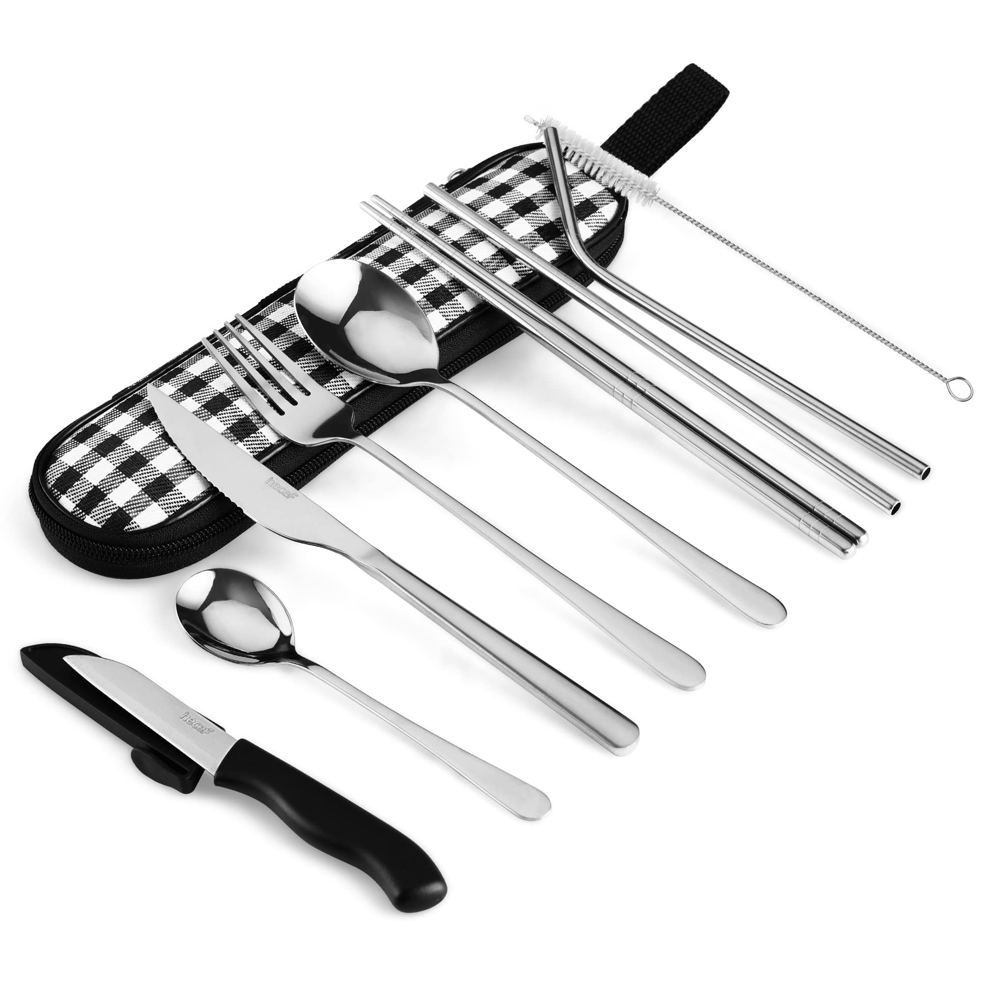 hecef 11 PCS Black Titanium Plating Travel Cutlery Set with Compact Carrying Case & Mesh Bag, Reusable Stainless Steel Utensils, Handy Flatware Set for Work, School, Camping and Travel
