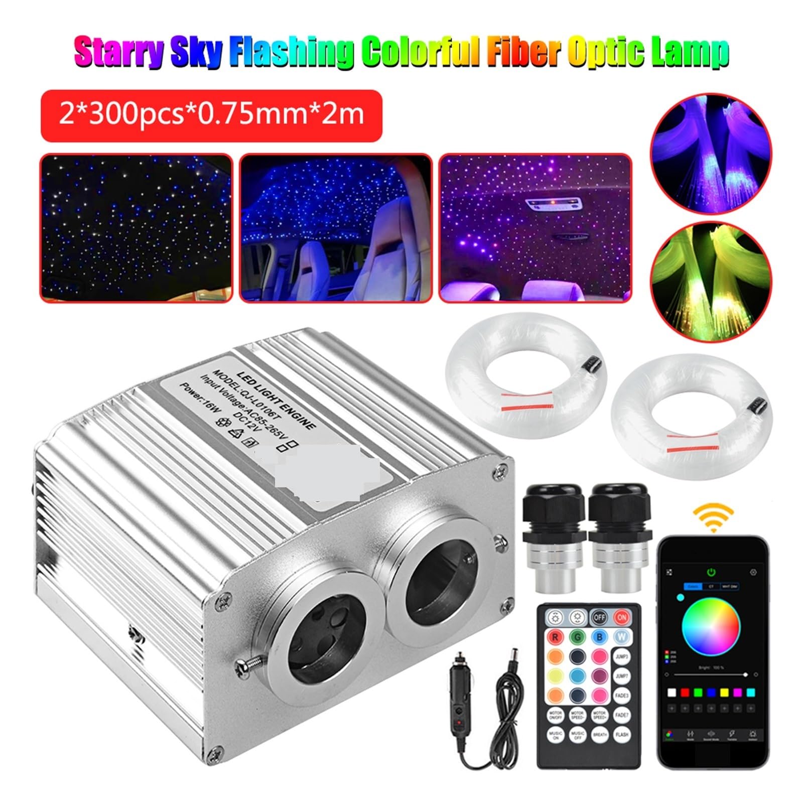 Akcesoria Do Podsufitki Z Reflektorami Samochodowy RGBW Światłowód LED Na Dach Samochodowy Podsufitka Sufitowa Twinkle Star Light Control Dach Wnętrze Nastrojowe Oświetlenie Home Decor(2X300pcsX0.75mm