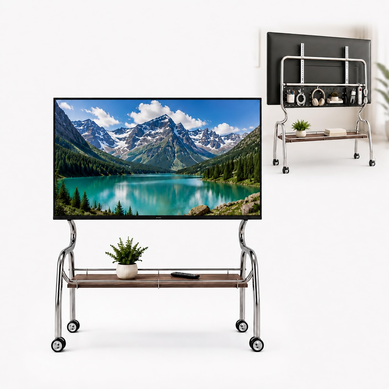 Supporto TV Mobile con Ruote, Supporto TV Portatile Autoportante | Acciaio Inossidabile, Ruote con Blocco, Mensola Portaoggetti e Pannello Pegboard(Brown,90x35x120cm)