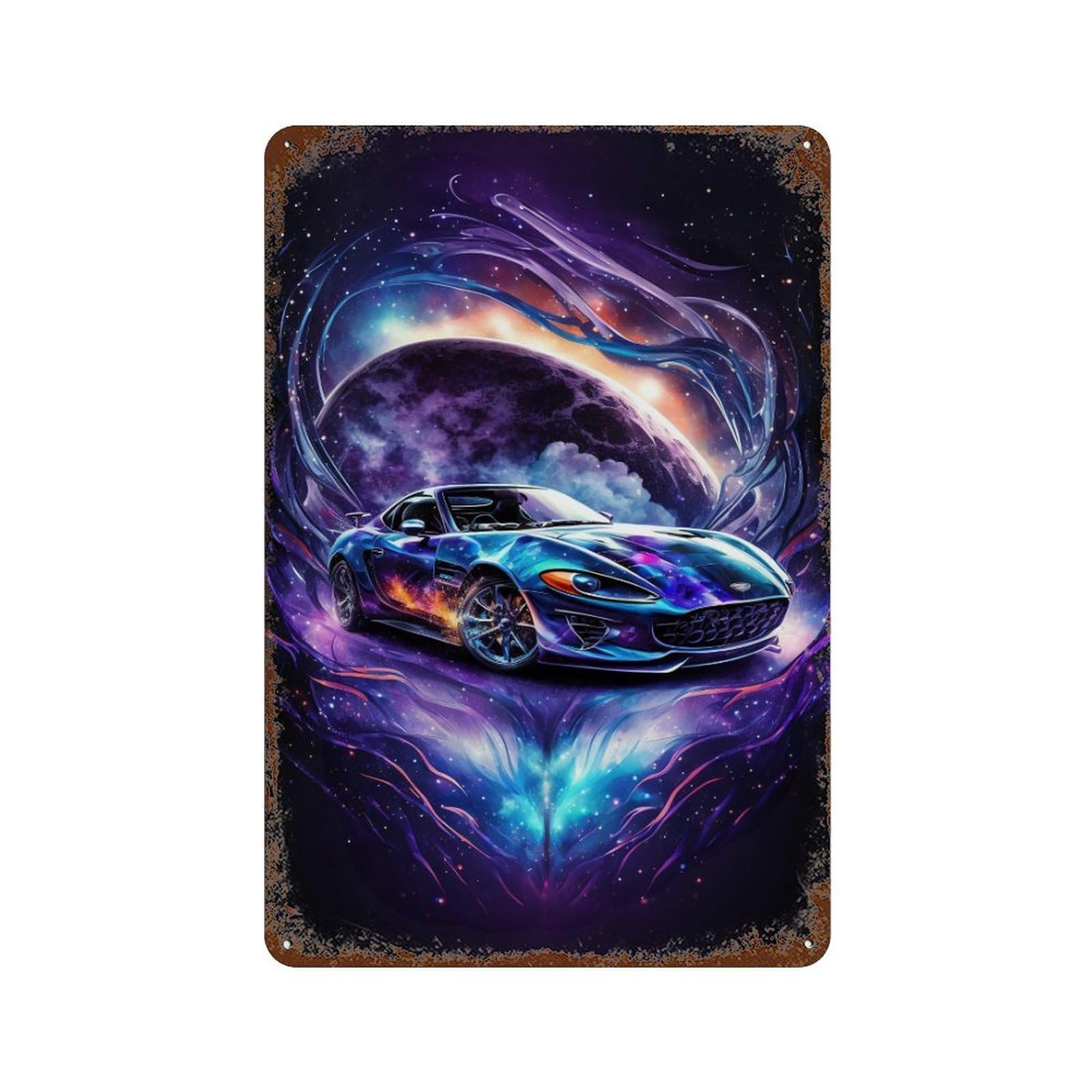 Rust Effect Galactic Sports Car Art Print-2 Rustic Tin Plaque 11.8"x7.9", Shabby Chic Decor for Basement, Hobby Room And Garage Decor