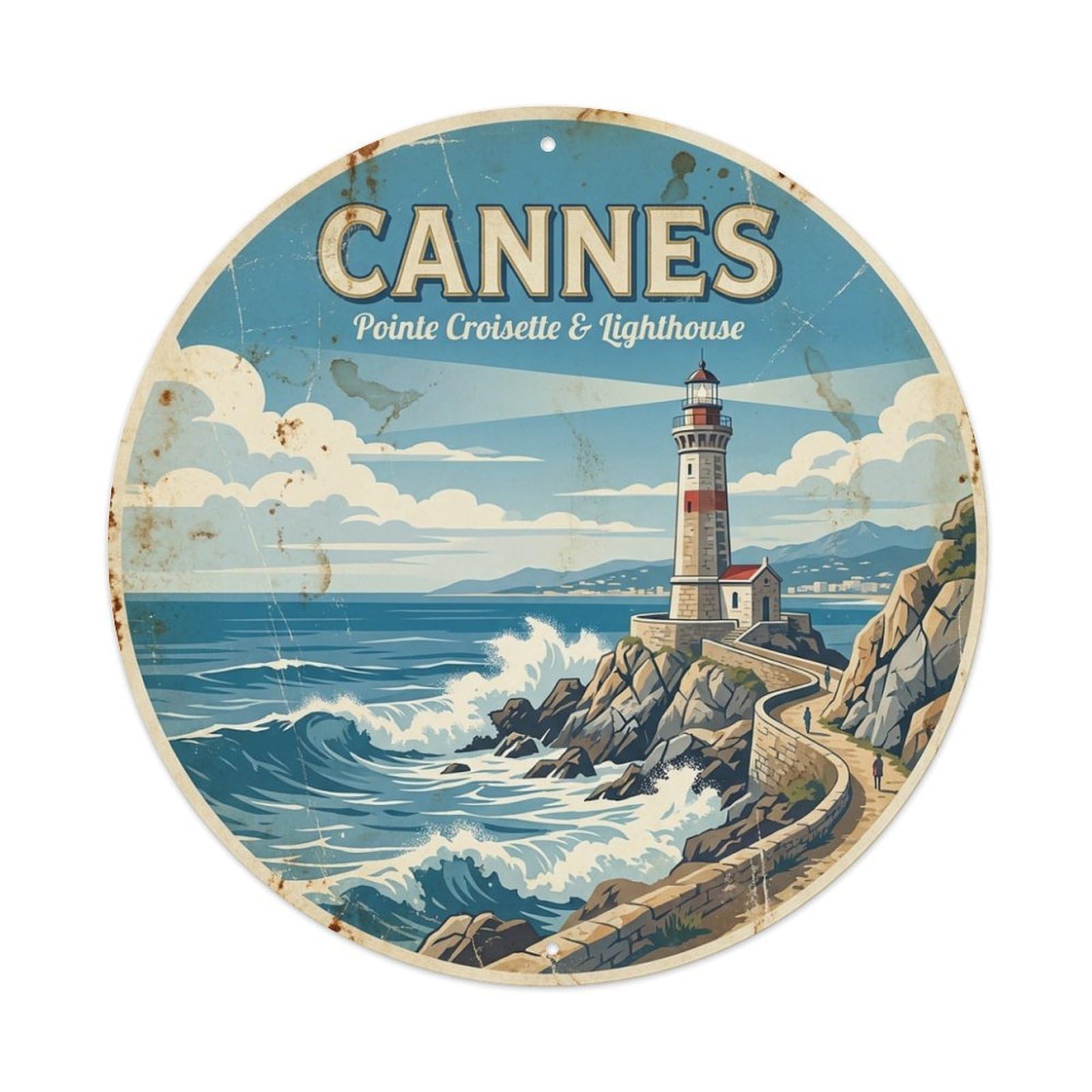 City Travel Private Lighthouse Waves France Cannes Metal Tin Sign