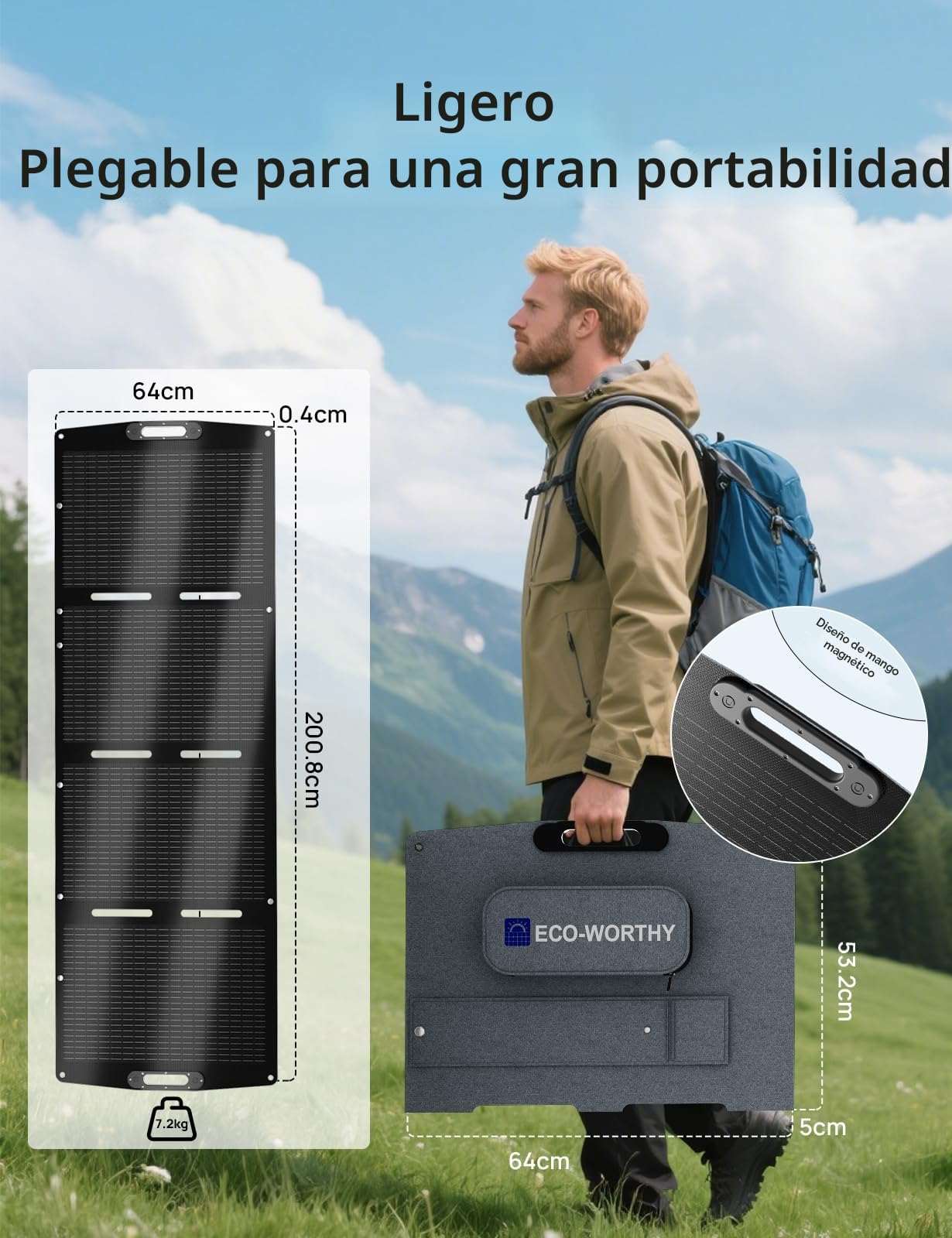 ECO-WORTHY Panel Solar Portatil 200W, XT60, Soporte de una sola pieza, ETFE, Silicio Monocristalino, Hasta 23% de eficiencia, Adecuado para la estación de energía, RV, camping, Garten