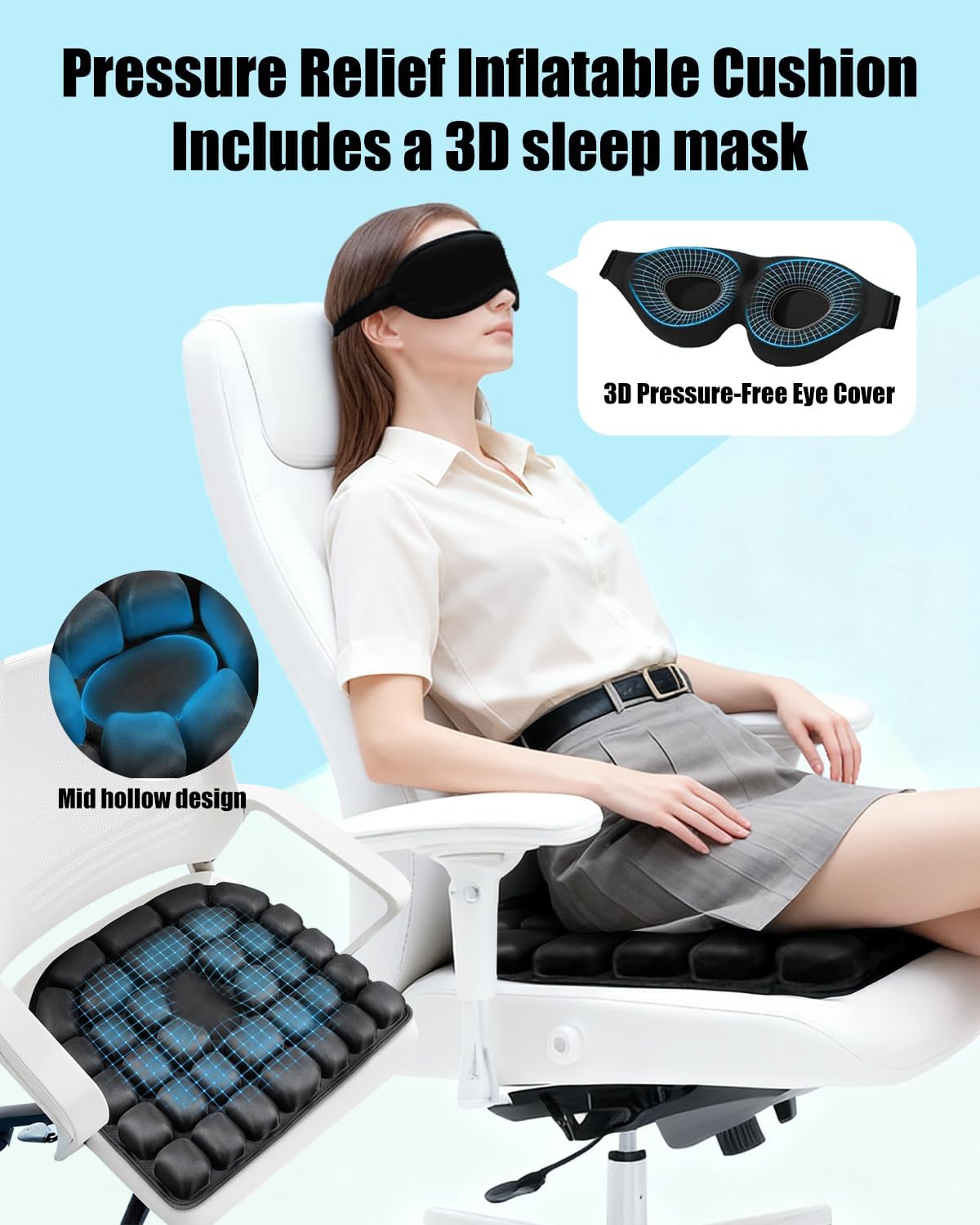 Inflatable Seat Cushion for Travel, 2" Thick Airplane Seat Cushion for Long Flights with Hand Pump & Included Eye Mask, Portable Air Chair Pad for Office, Car, Stadium & Wheelchair, 18.7"x17"