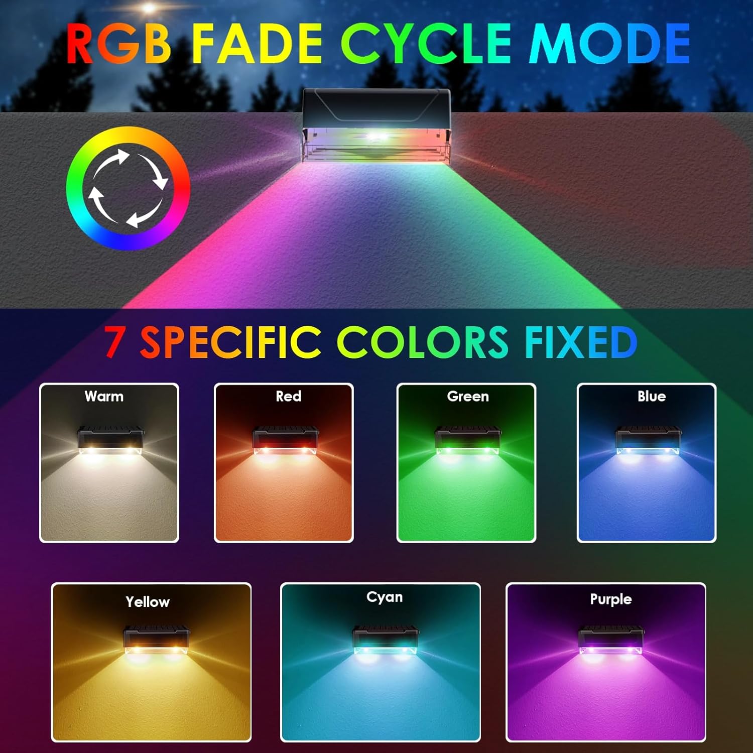 8PK Solar Fence Lights Outdoor - Warm White & RGB 6 Color, Dusk to Dawn Deck Light, IP65 Waterproof Garden Lights for Outside/Backyard/Railing/Step/Patio/Wall - Image 2