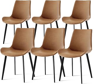 Dining Chairs Set of 6, Modern PU Leather Upholstered Dinner Chairs with Sturdy Metal Legs and Comfort Backrest, Armless Accent Side Chairs for Home Kitchen, Living Room (Rustic Brown)