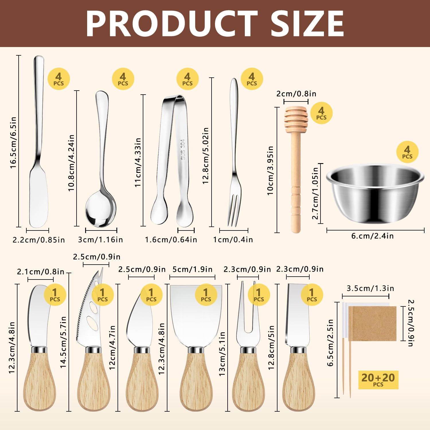 Juego de cuchillos esparcidores de mantequilla de queso y utensilios para charcutería, tenedores y cucharas, cuencos de inmersión, cucharas, palillos de miel, banderas de palillos de dientes para